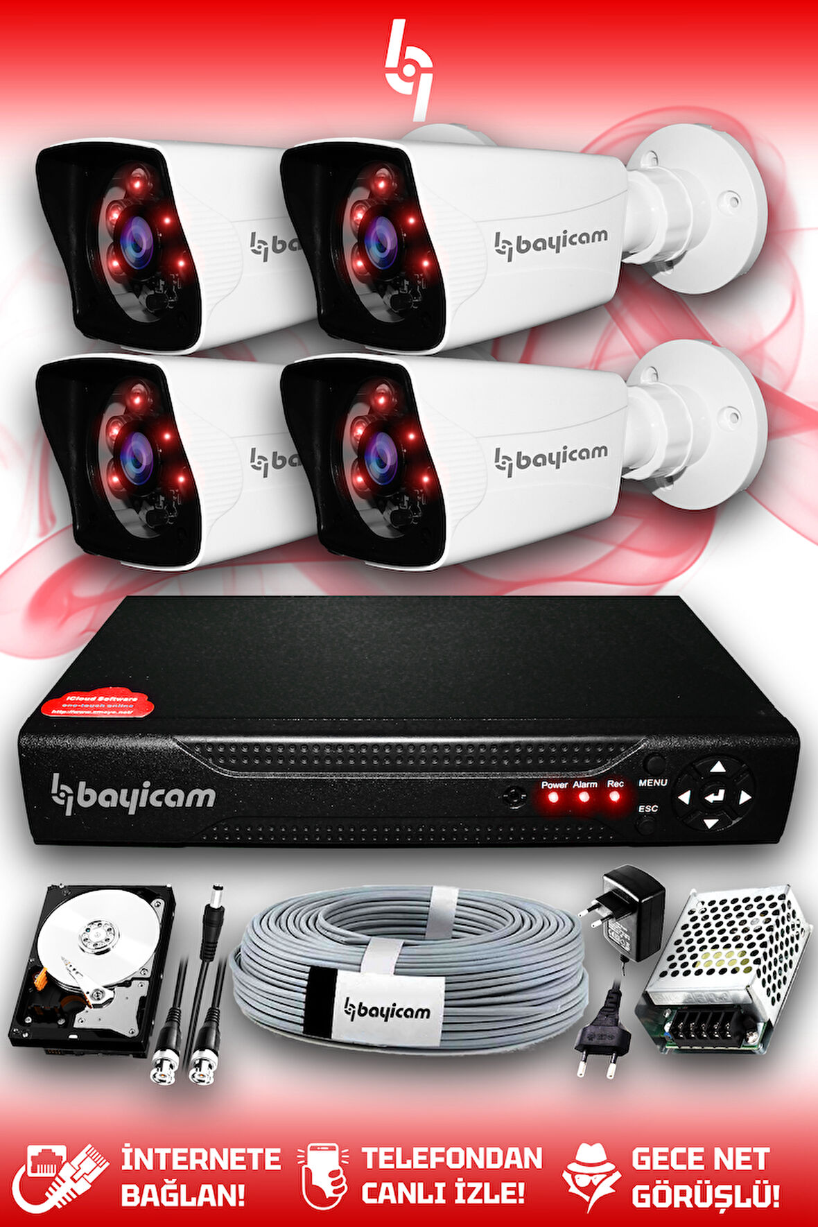 BAYICAM 4 Kameralı Kare 4 Dış Kamera Set 2 TB HDD Full HD Gece Görüşlü Güvenlik Kamerası Sistemi