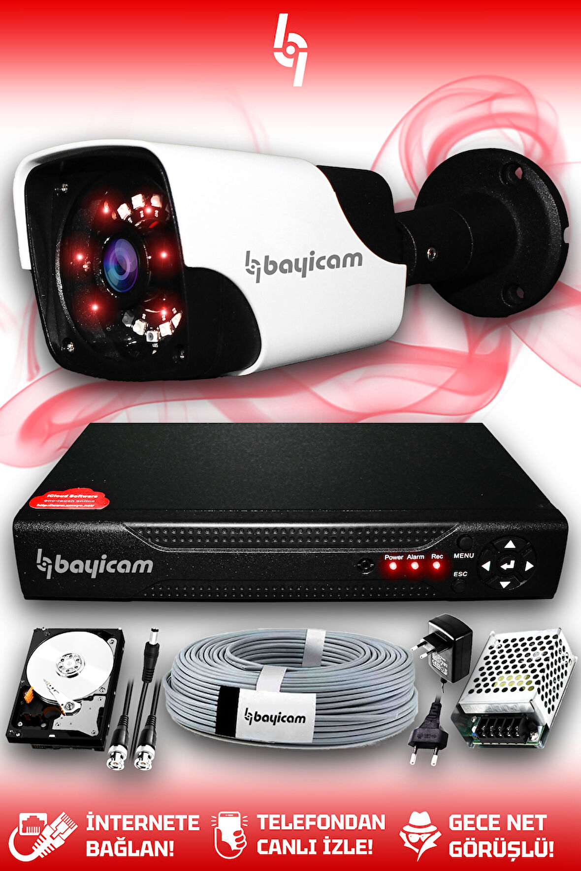 BAYICAM 1 Kameralı Panda 1 Dış Kamera Set 1 TB HDD Full HD Gece Görüşlü Güvenlik Kamerası Sistemi
