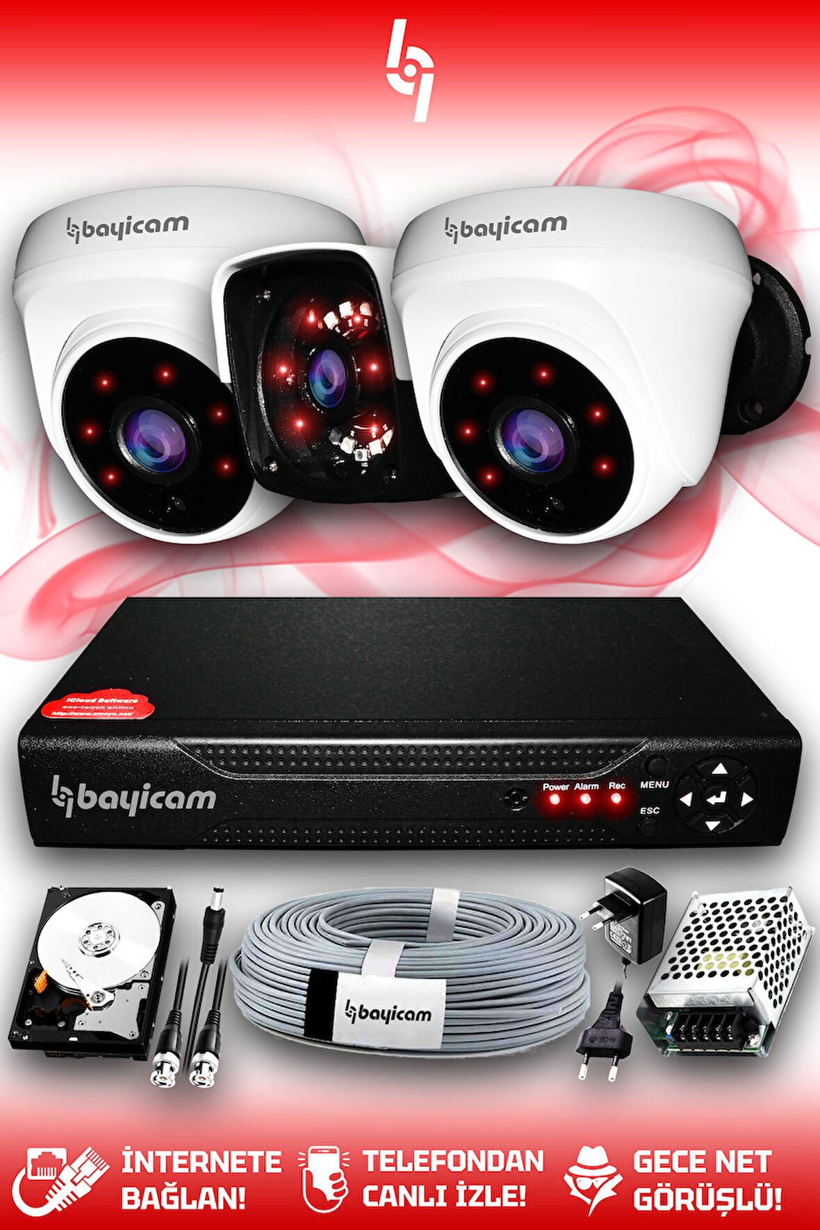 BAYICAM 3 Kameralı Panda 2 İç Kamera Set 320 GB HDD Full HD Gece Görüşlü Güvenlik Kamerası Sistemi