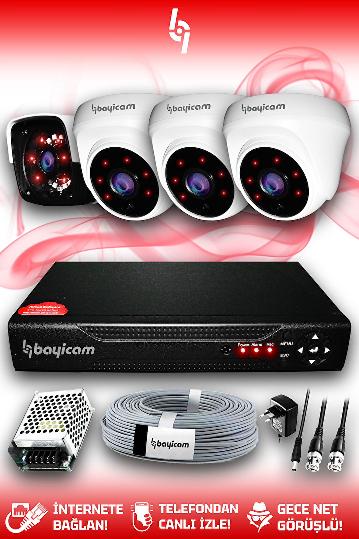 BAYICAM 4 Kameralı Panda 3 İç Kamera Set HDD'siz Full HD Gece Görüşlü Güvenlik Kamerası Sistemi