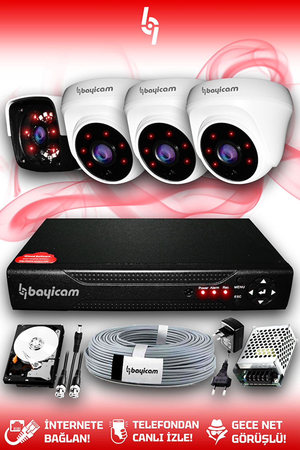 BAYICAM 4 Kameralı Panda 3 İç Kamera Set 320 GB HDD Full HD Gece Görüşlü Güvenlik Kamerası Sistemi