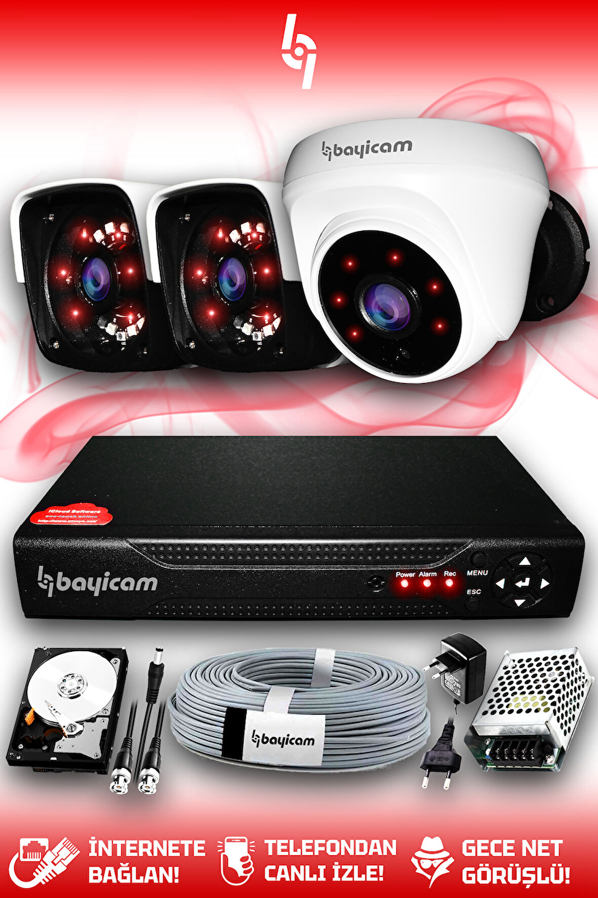 BAYICAM 3 Kameralı Panda 1 İç Kamera Set 320 GB HDD Full HD Gece Görüşlü Güvenlik Kamerası Sistemi