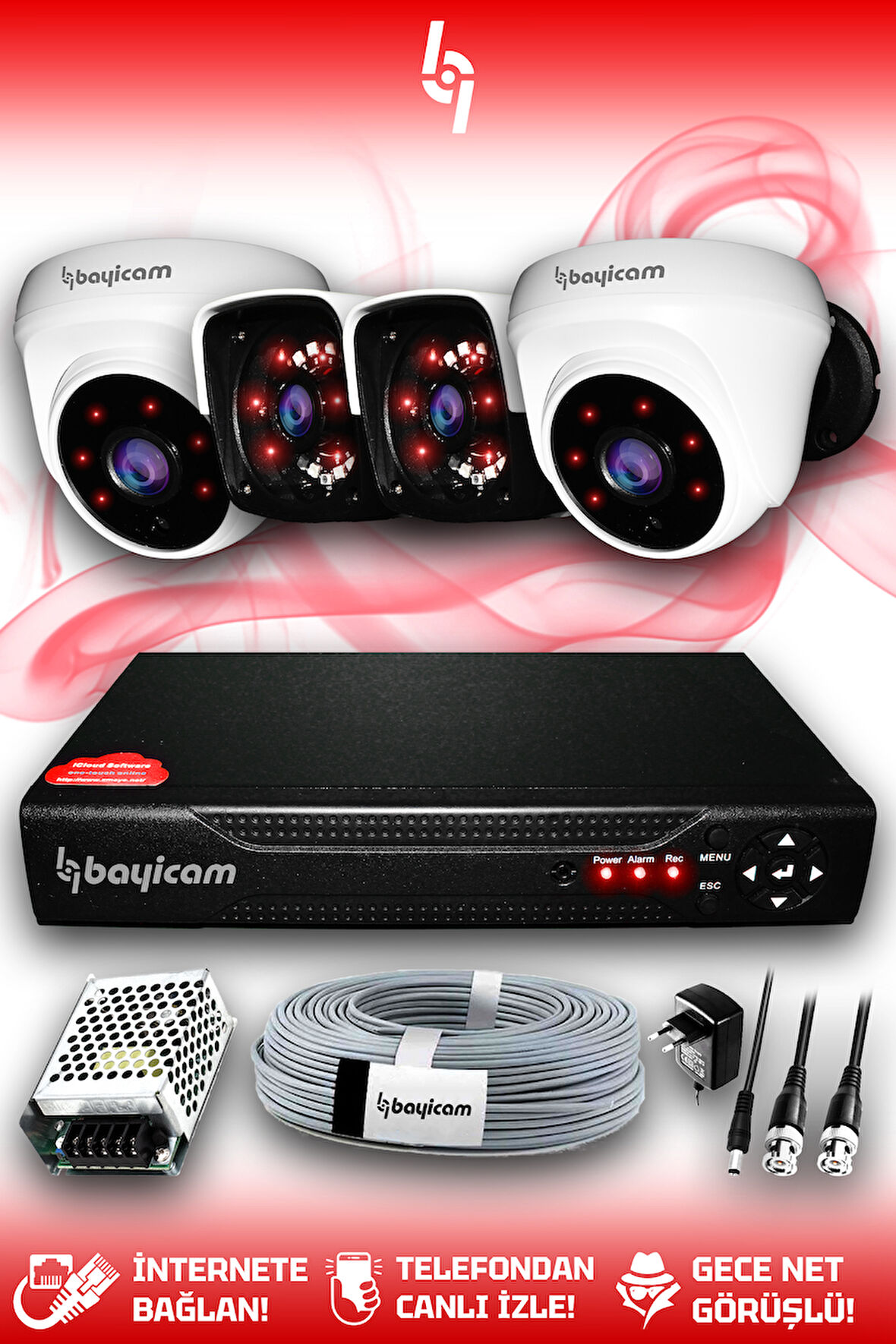 BAYICAM 4 Kameralı Panda 2 İç Kamera Set HDD'siz Full HD Gece Görüşlü Güvenlik Kamerası Sistemi