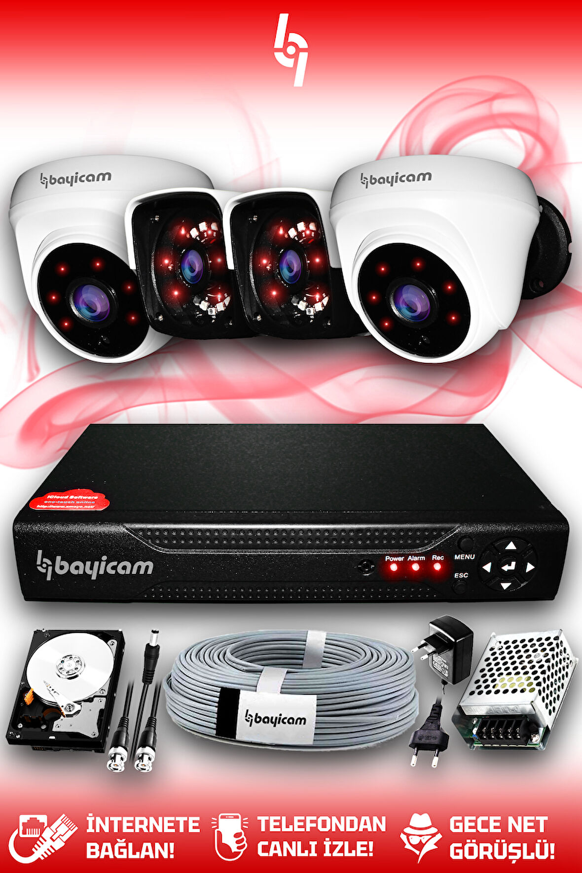 BAYICAM 4 Kameralı Panda 2 İç Kamera Set 100 GB HDD Full HD Gece Görüşlü Güvenlik Kamerası Sistemi