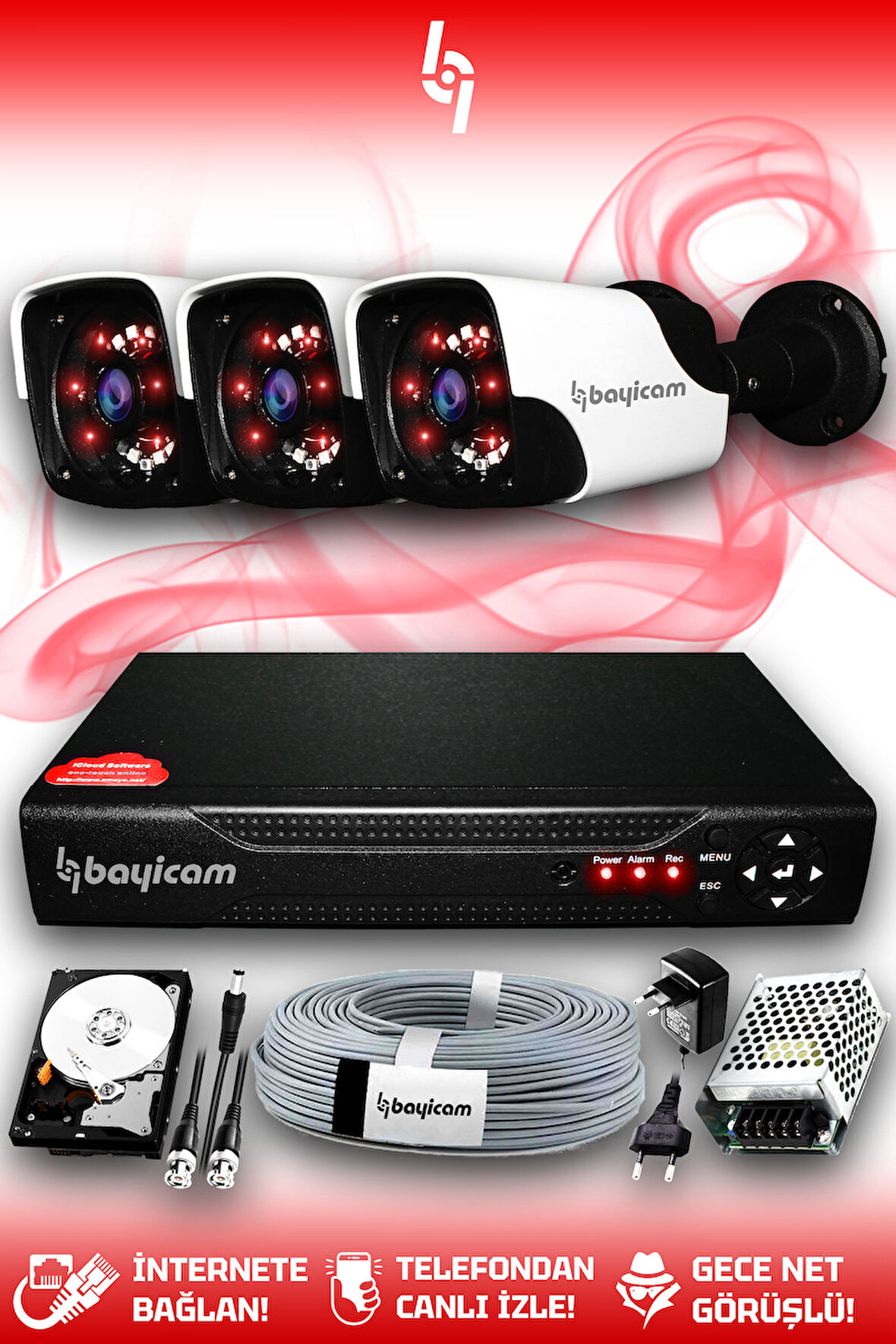 BAYICAM 3 Kameralı Panda 3 Dış Kamera Set 100 GB HDD Full HD Gece Görüşlü Güvenlik Kamerası Sistemi