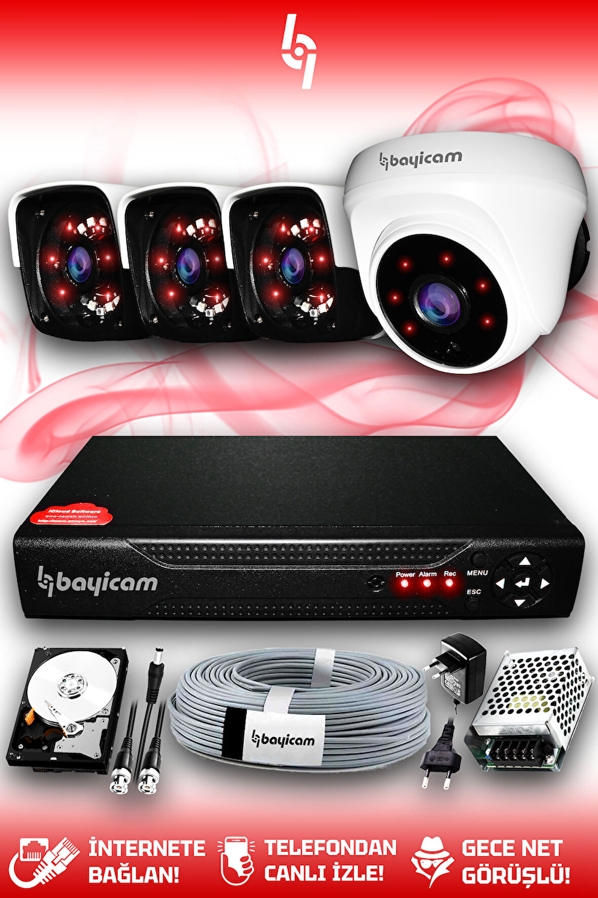 BAYICAM 4 Kameralı Panda 1 İç Kamera Set 100 GB HDD Full HD Gece Görüşlü Güvenlik Kamerası Sistemi
