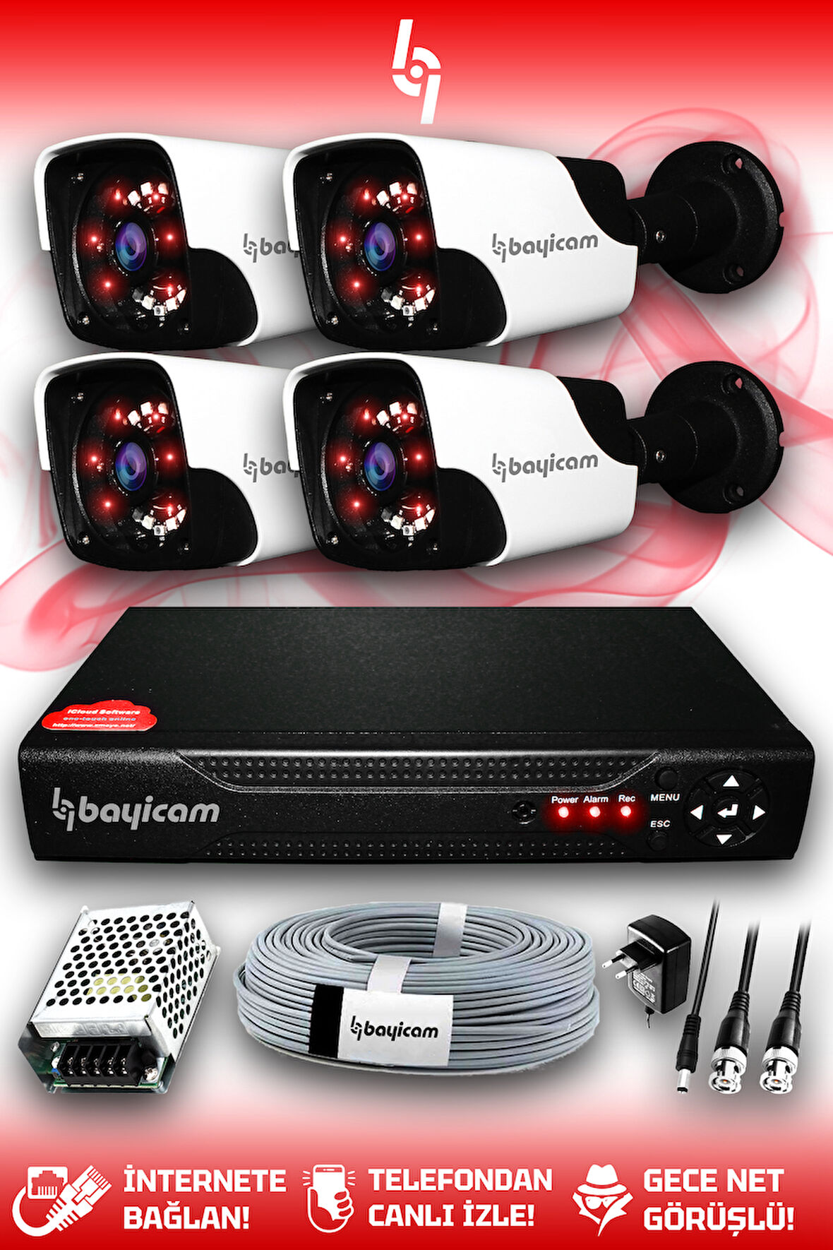 BAYICAM 4 Kameralı Panda 4 Dış Kamera Set HDD'siz Full HD Gece Görüşlü Güvenlik Kamerası Sistemi