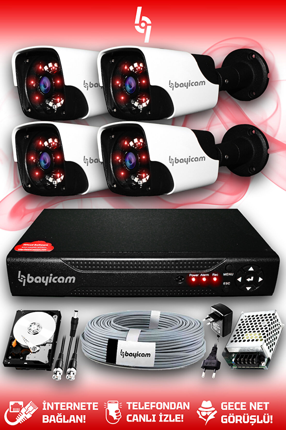 BAYICAM 4 Kameralı Panda 4 Dış Kamera Set 100 GB HDD Full HD Gece Görüşlü Güvenlik Kamerası Sistemi