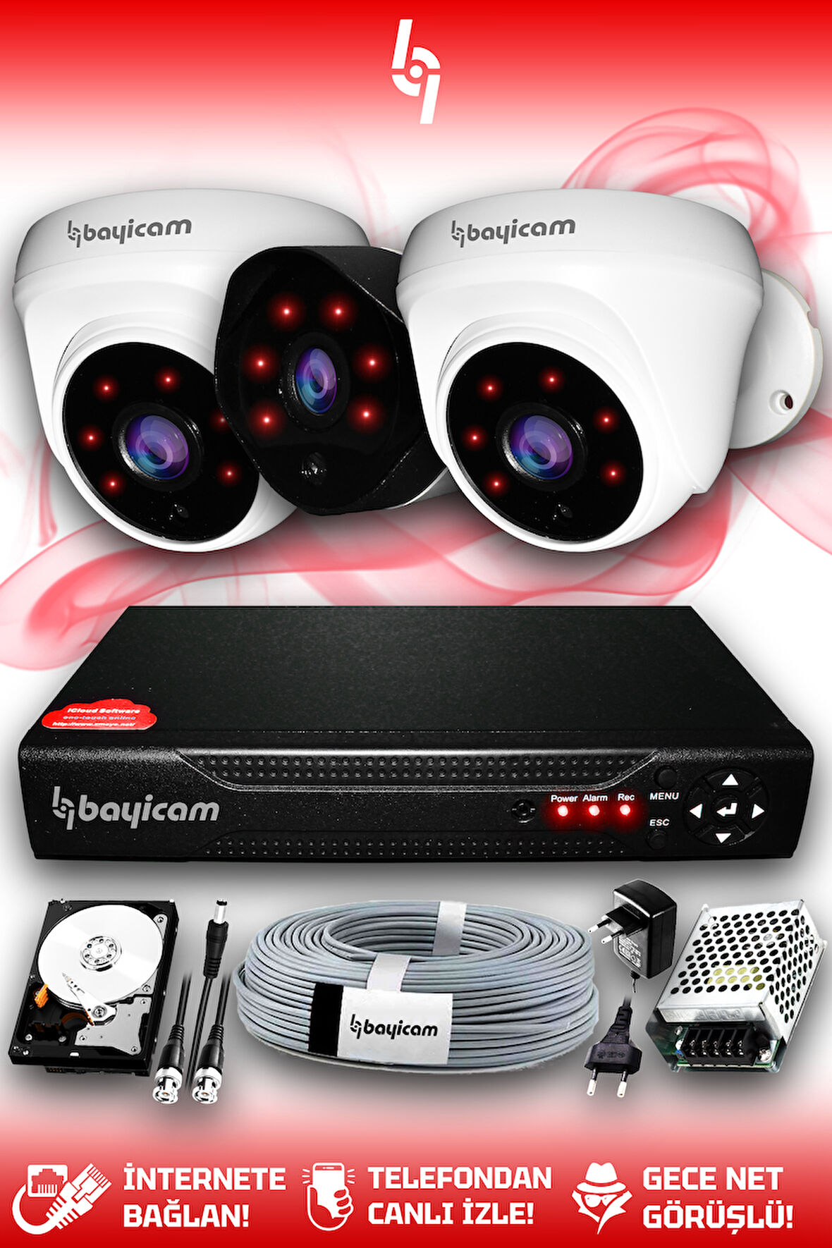 BAYICAM 3 Kameralı Uzay 2 İç Kamera Set 100 GB HDD Full HD Gece Görüşlü Güvenlik Kamerası Sistemi