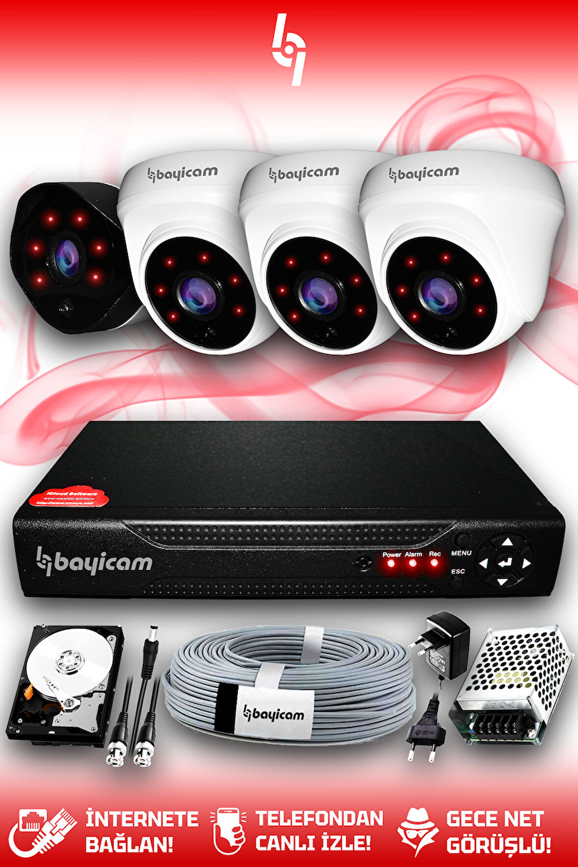 BAYICAM 4 Kameralı Uzay 3 İç Kamera Set 1 TB HDD Full HD Gece Görüşlü Güvenlik Kamerası Sistemi