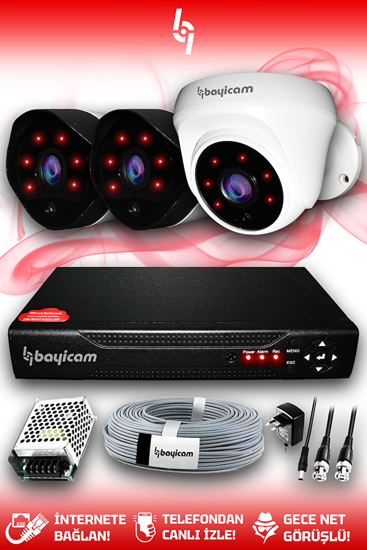 BAYICAM 3 Kameralı Uzay 1 İç Kamera Set HDD'siz Full HD Gece Görüşlü Güvenlik Kamerası Sistemi