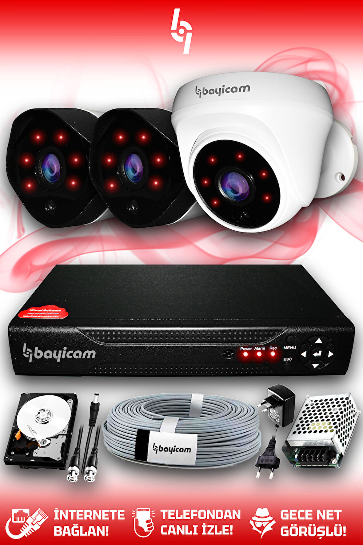 BAYICAM 3 Kameralı Uzay 1 İç Kamera Set 100 GB HDD Full HD Gece Görüşlü Güvenlik Kamerası Sistemi