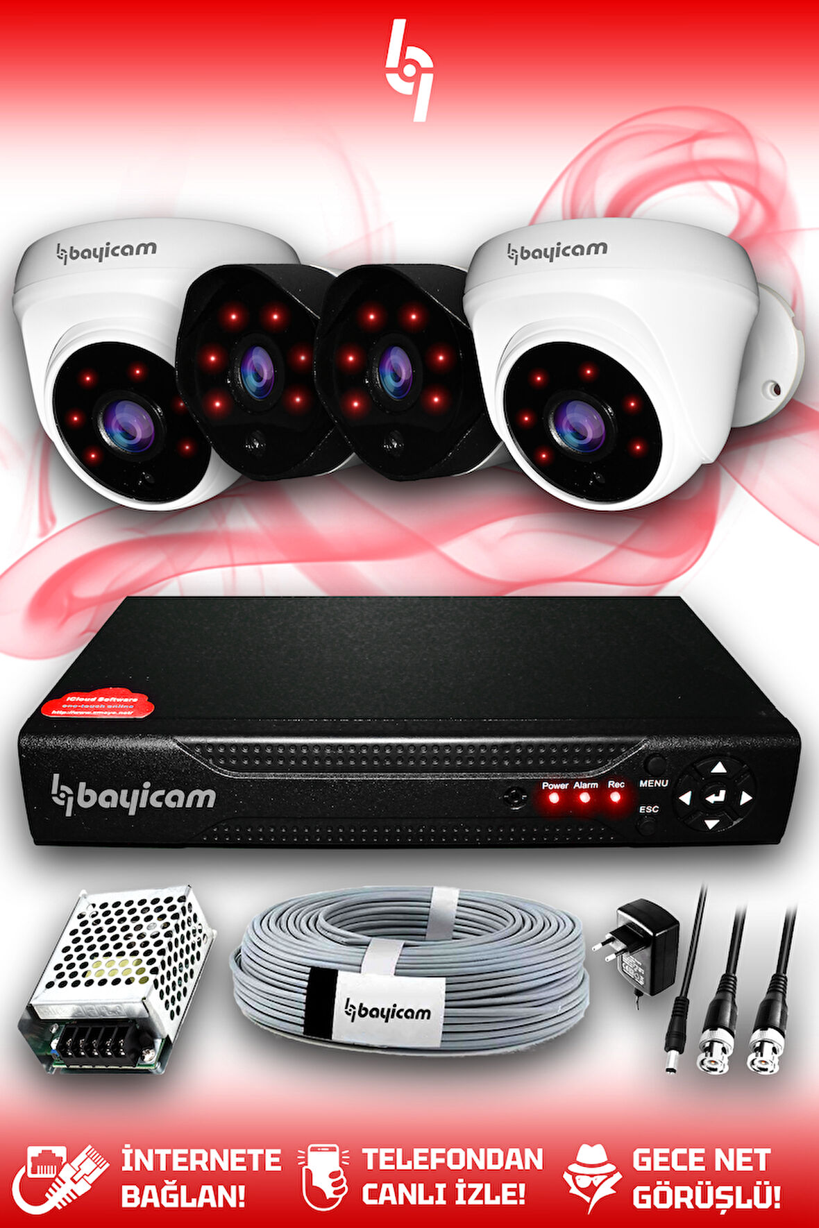 BAYICAM 4 Kameralı Uzay 2 İç Kamera Set HDD'siz Full HD Gece Görüşlü Güvenlik Kamerası Sistemi