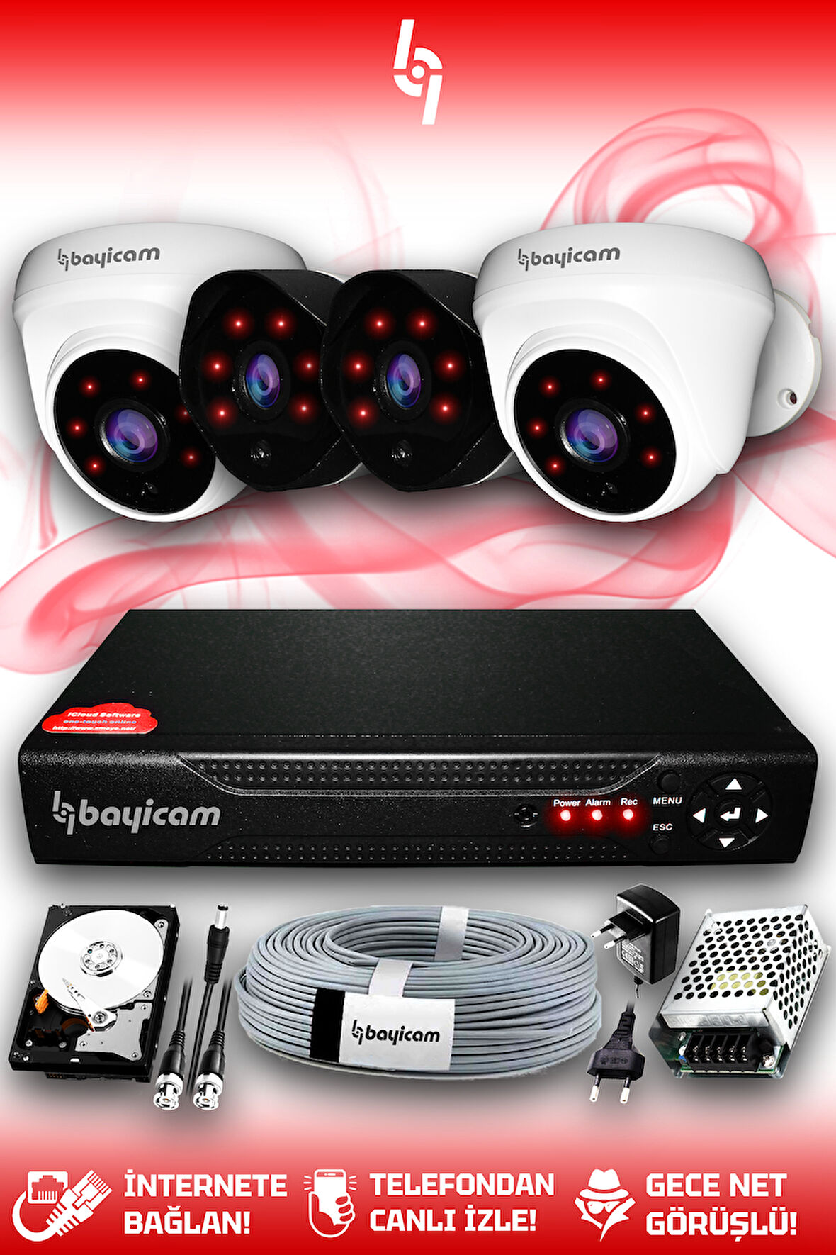 BAYICAM 4 Kameralı Uzay 2 İç Kamera Set 100 GB HDD Full HD Gece Görüşlü Güvenlik Kamerası Sistemi