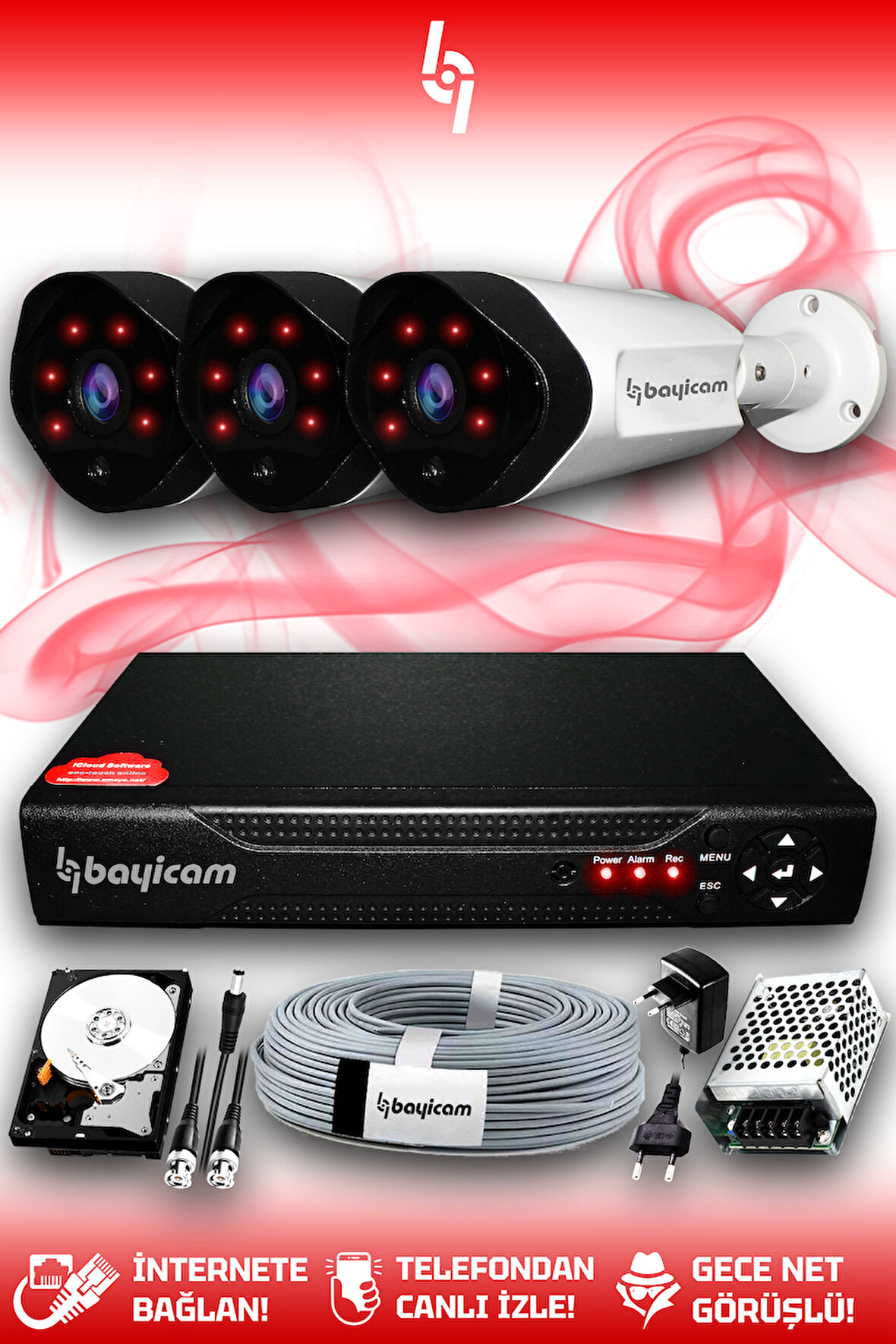 BAYICAM 3 Kameralı Uzay 3 Dış Kamera Set 100 GB HDD Full HD Gece Görüşlü Güvenlik Kamerası Sistemi