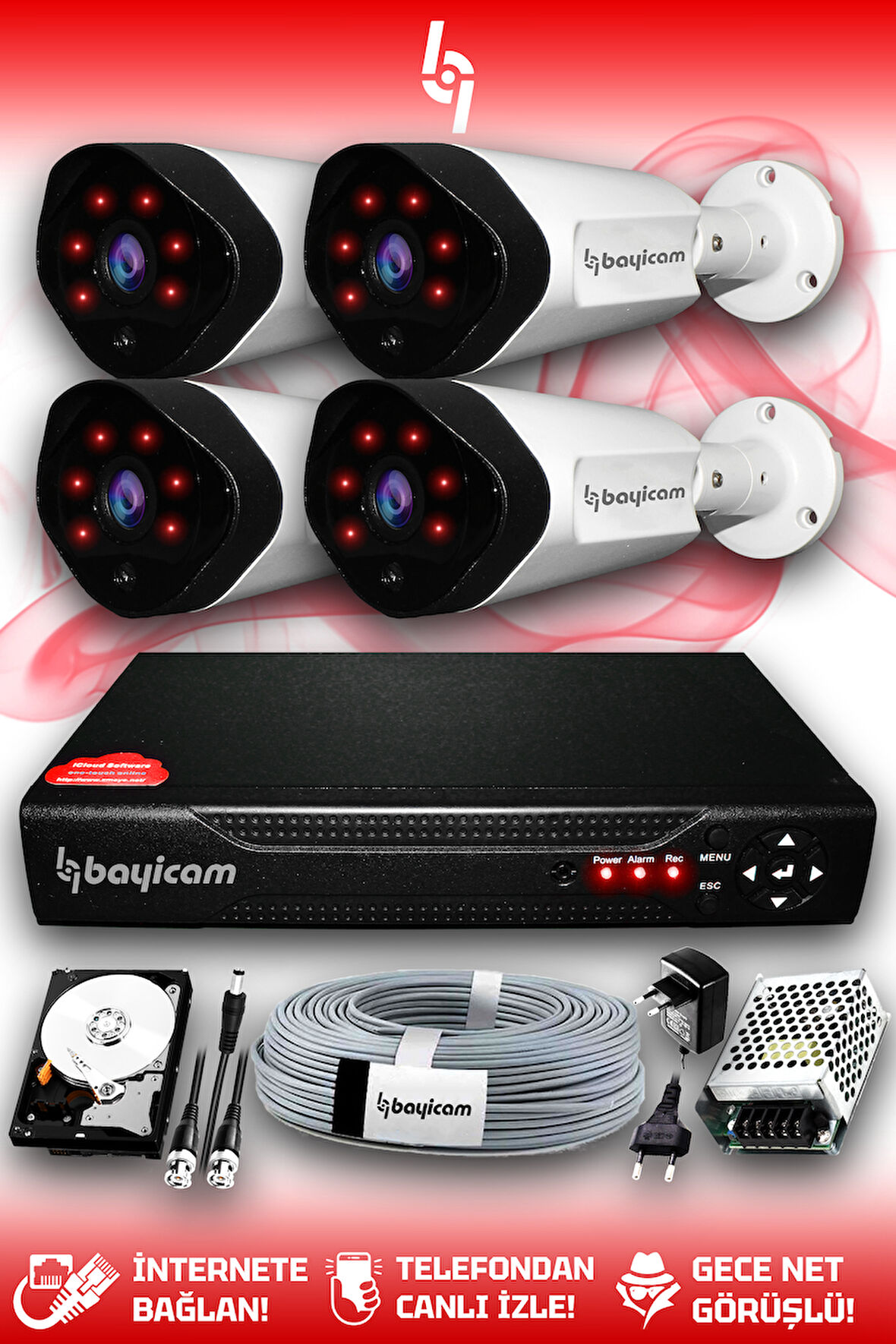 BAYICAM 4 Kameralı Uzay 4 Dış Kamera Set 100 GB HDD Full HD Gece Görüşlü Güvenlik Kamerası Sistemi