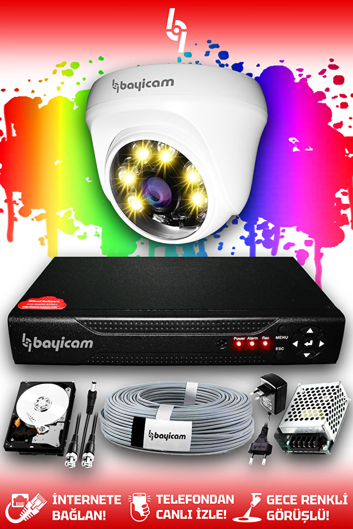 BAYICAM 1 Kameralı Dome 1 İç Kamera Set 1 TB HDD Full HD Renkli Gece Görüşlü Güvenlik Kamerası Sistemi