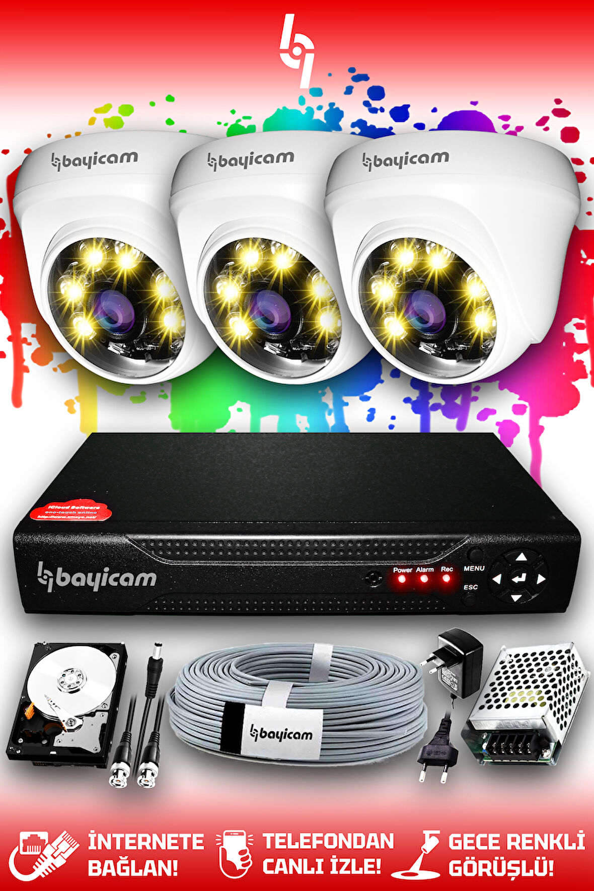 BAYICAM 3 Kameralı Dome 3 İç Kamera Set 250 GB HDD Full HD Renkli Gece Görüşlü Güvenlik Kamerası Sistemi