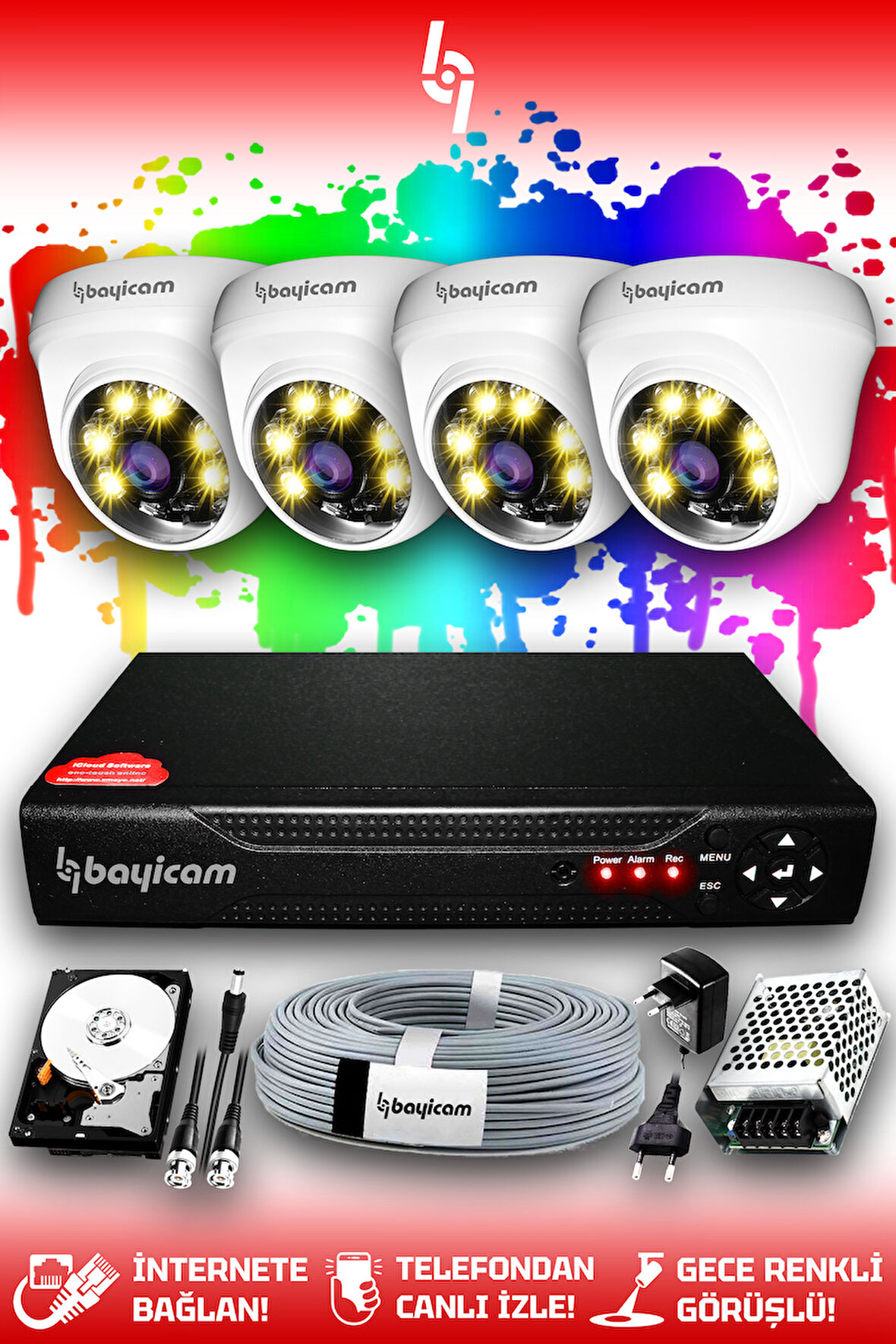 BAYICAM 4 Kameralı Dome 4 İç Kamera Set 320 GB HDD Full HD Renkli Gece Görüşlü Güvenlik Kamerası Sistemi