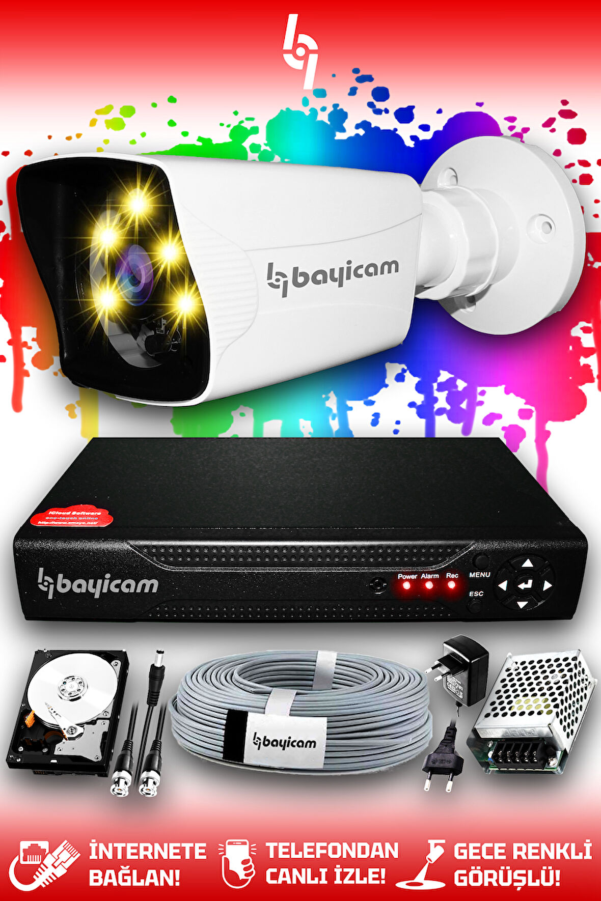 BAYICAM 1 Kameralı Kare 1 Dış Kamera Set 1 TB HDD Full HD Renkli Gece Görüşlü Güvenlik Kamerası Sistemi