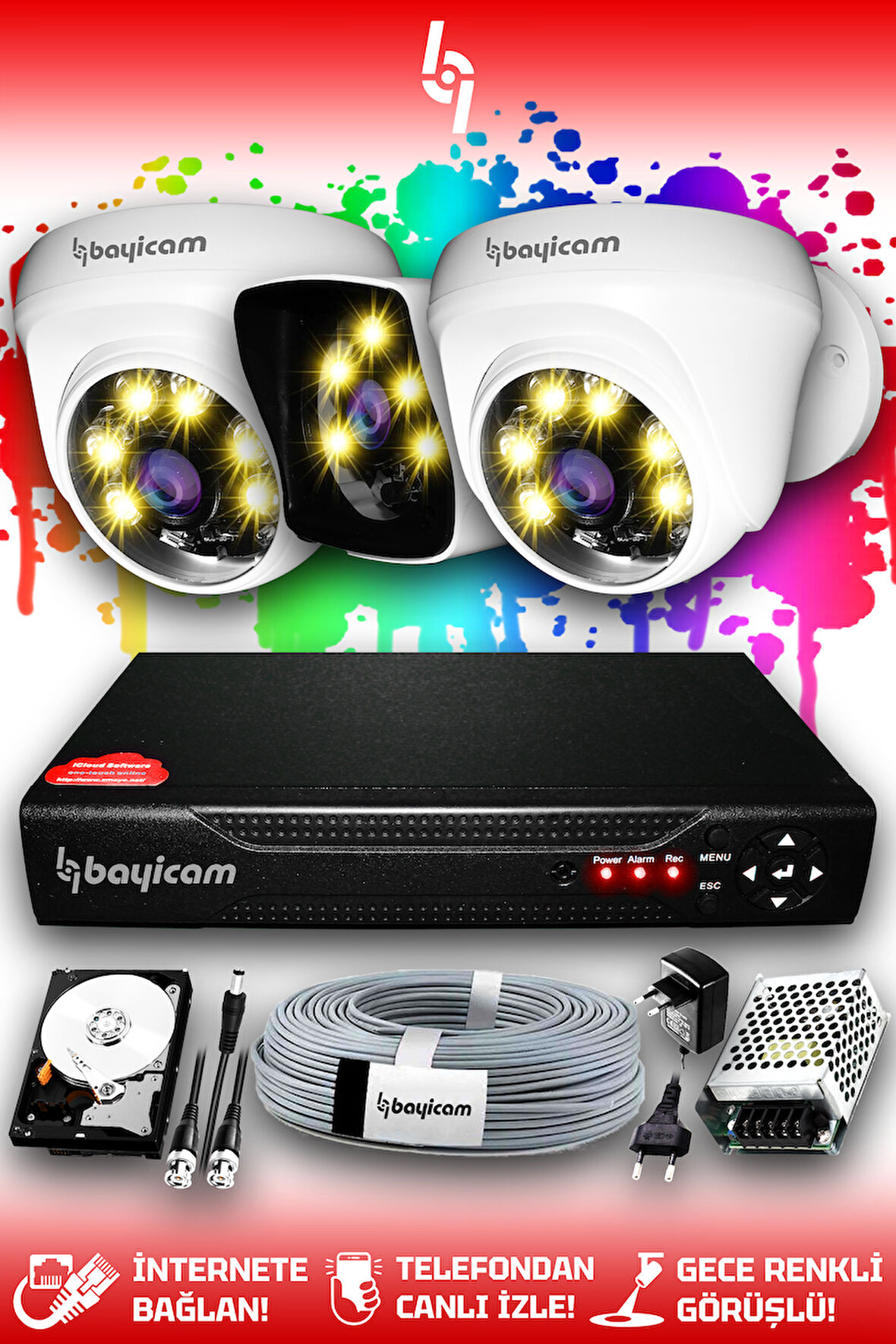 BAYICAM 3 Kameralı Kare 2 İç Kamera Set 250 GB HDD Full HD Renkli Gece Görüşlü Güvenlik Kamerası Sistemi