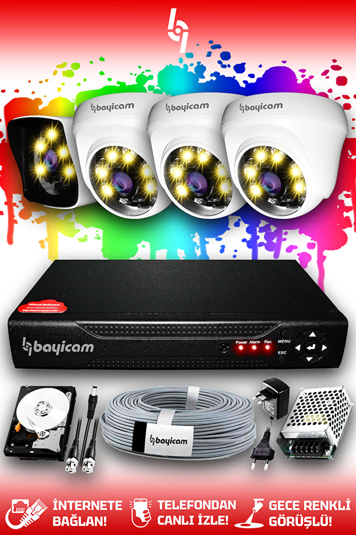 BAYICAM 4 Kameralı Kare 3 İç Kamera Set 2 TB HDD Full HD Renkli Gece Görüşlü Güvenlik Kamerası Sistemi