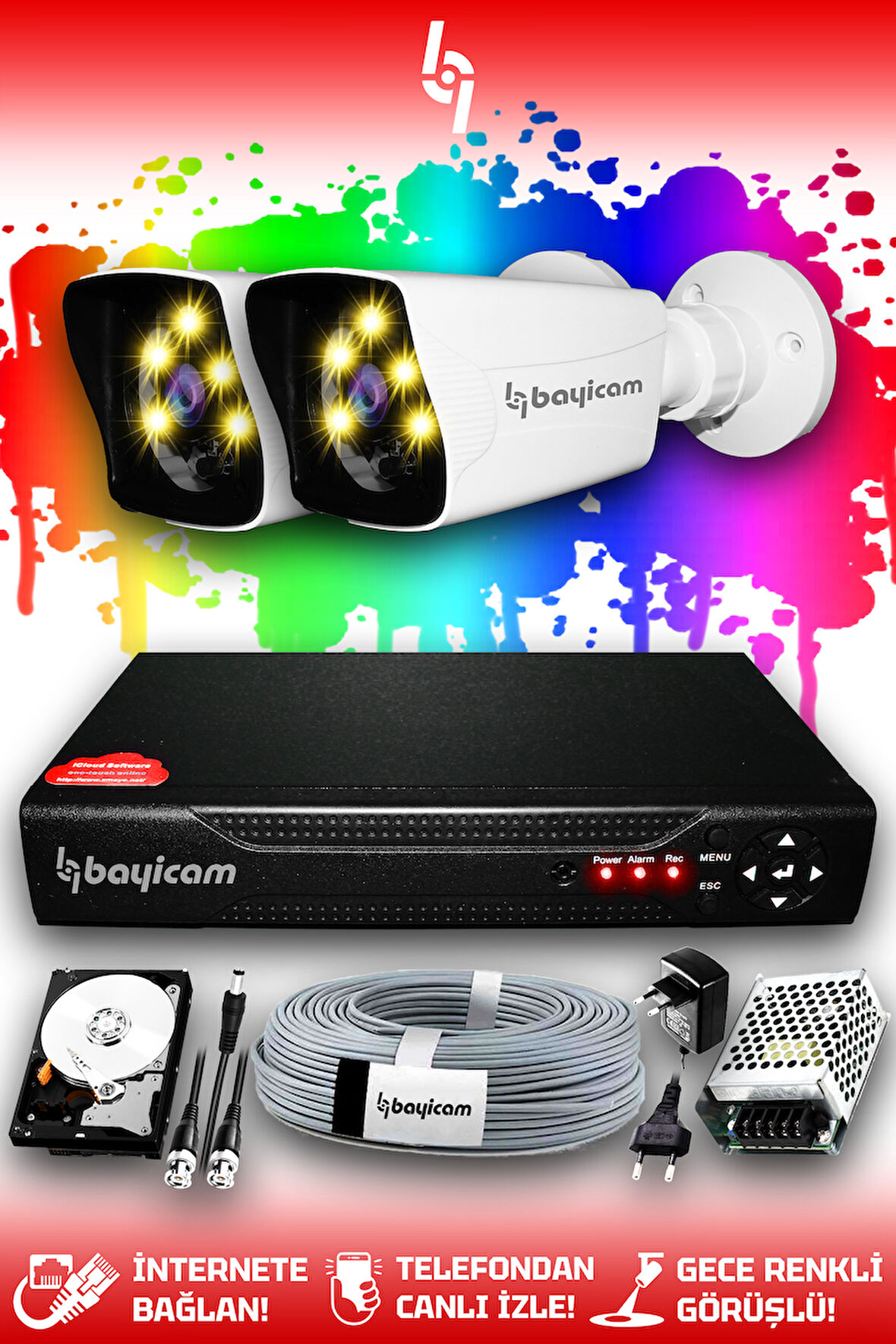 BAYICAM 2 Kameralı Kare 2 Dış Kamera Set 500 GB HDD Full HD Renkli Gece Görüşlü Güvenlik Kamerası Sistemi