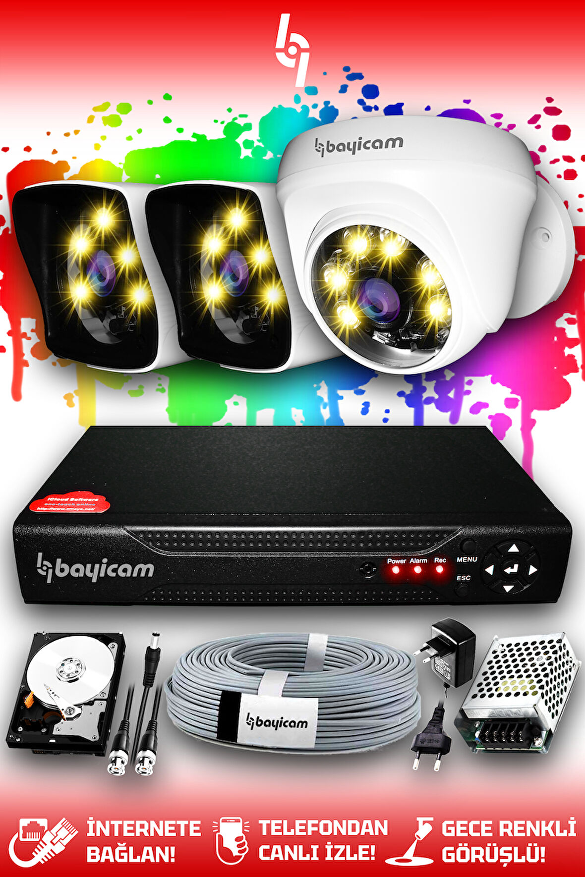 BAYICAM 3 Kameralı Kare 1 İç Kamera Set 2 TB HDD Full HD Renkli Gece Görüşlü Güvenlik Kamerası Sistemi