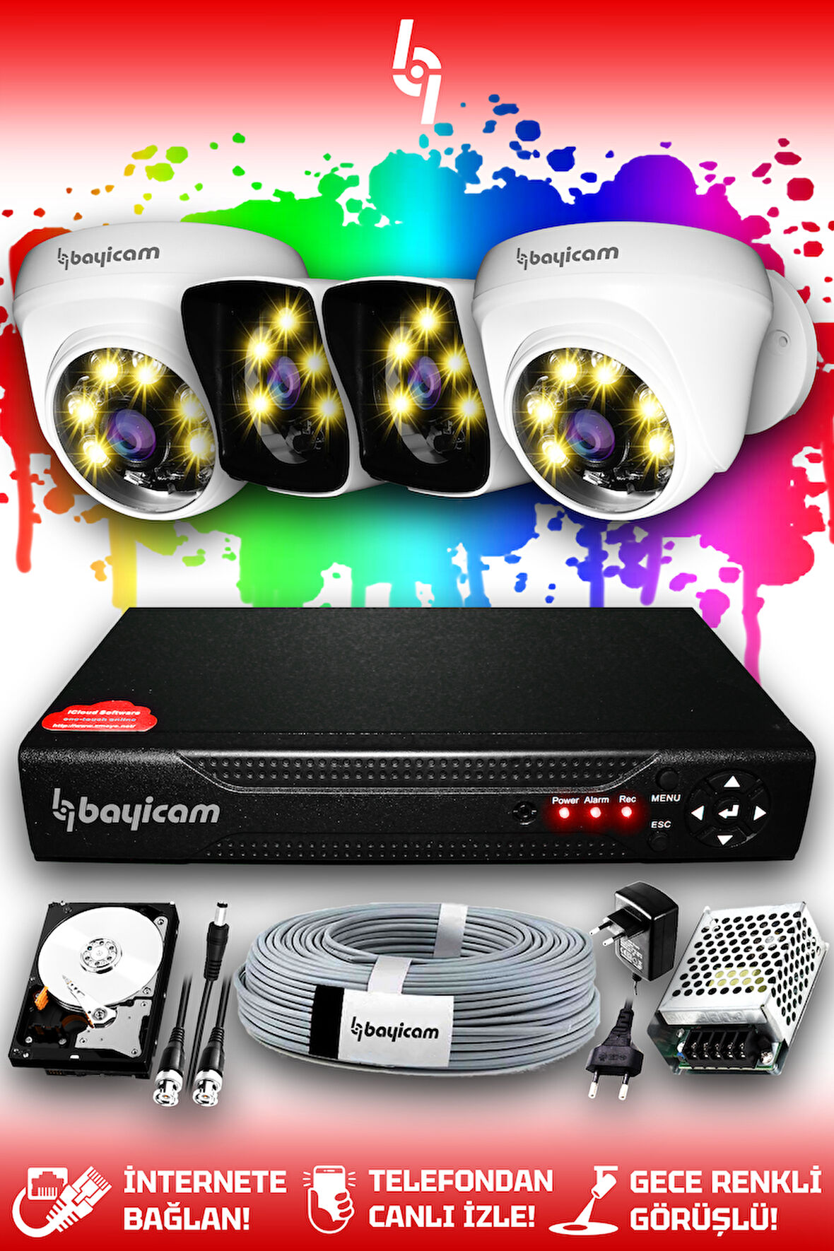 BAYICAM 4 Kameralı Kare 2 İç Kamera Set 100 GB HDD Full HD Renkli Gece Görüşlü Güvenlik Kamerası Sistemi
