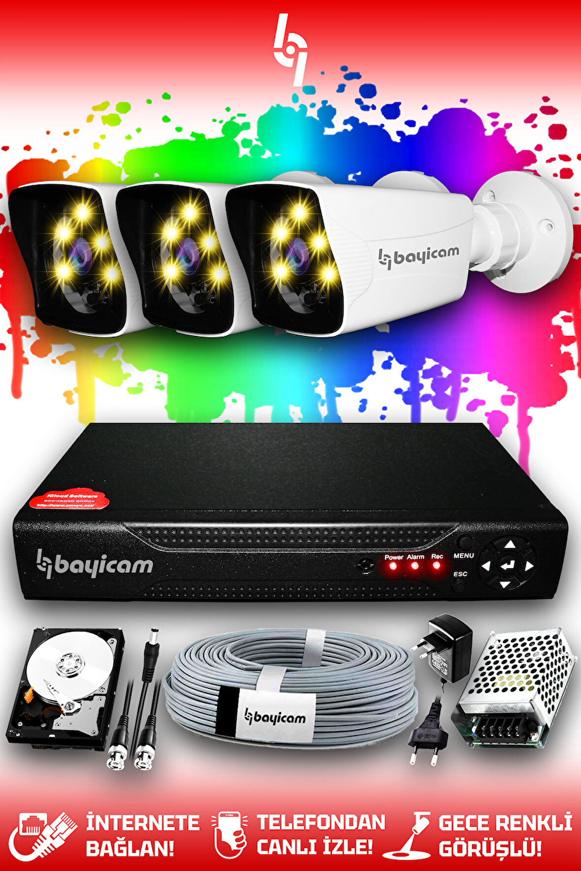 BAYICAM 3 Kameralı Kare 3 Dış Kamera Set 100 GB HDD Full HD Renkli Gece Görüşlü Güvenlik Kamerası Sistemi