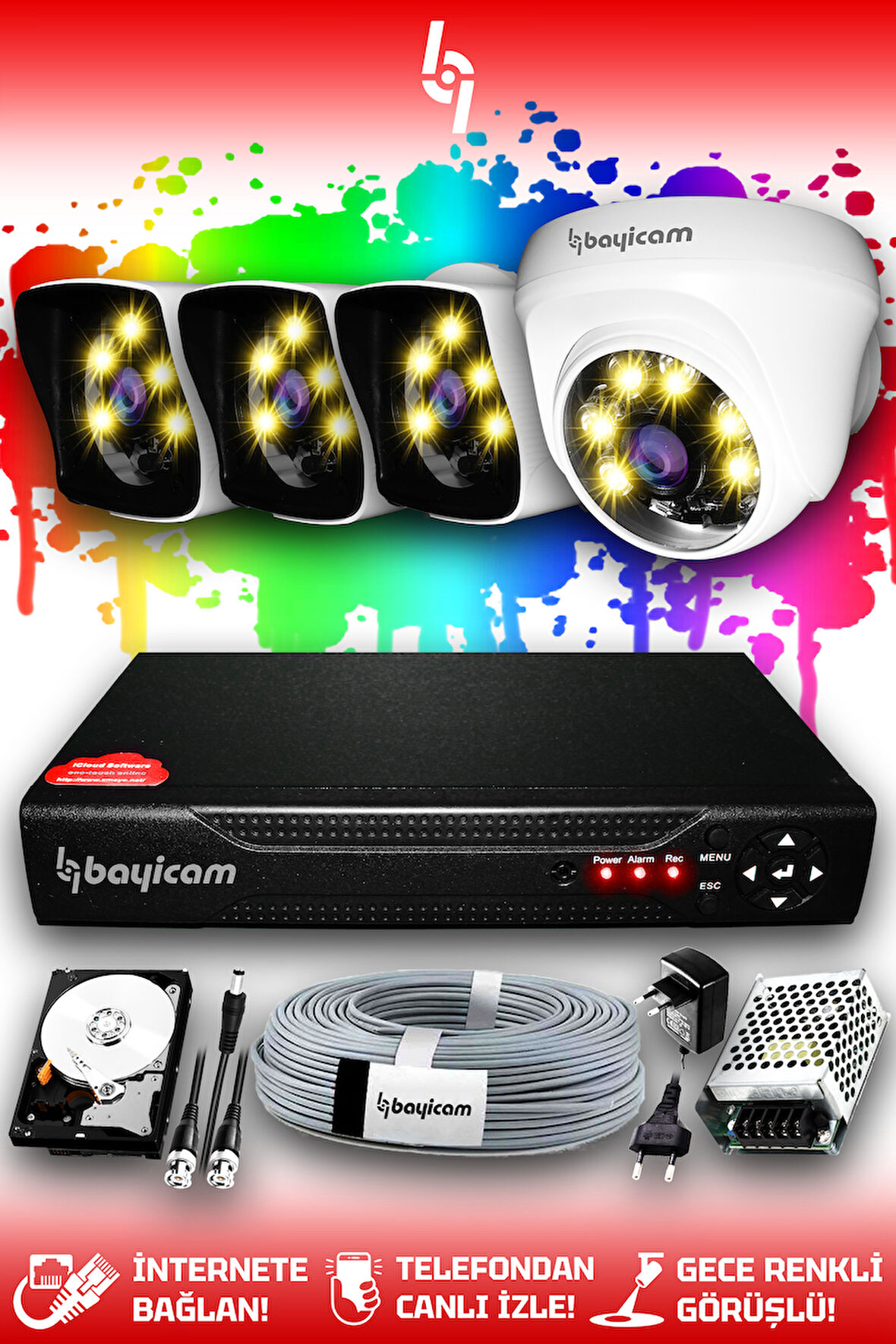 BAYICAM 4 Kameralı Kare 1 İç Kamera Set 1 TB HDD Full HD Renkli Gece Görüşlü Güvenlik Kamerası Sistemi