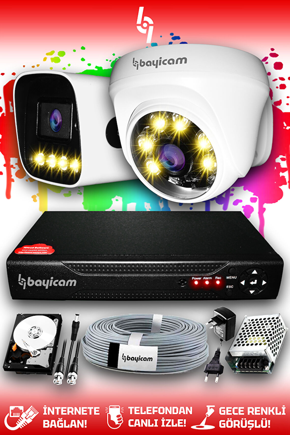 BAYICAM 2 Kameralı Zebra 1 İç Kamera Set 500 GB HDD Full HD Renkli Gece Görüşlü Güvenlik Kamerası Sistemi