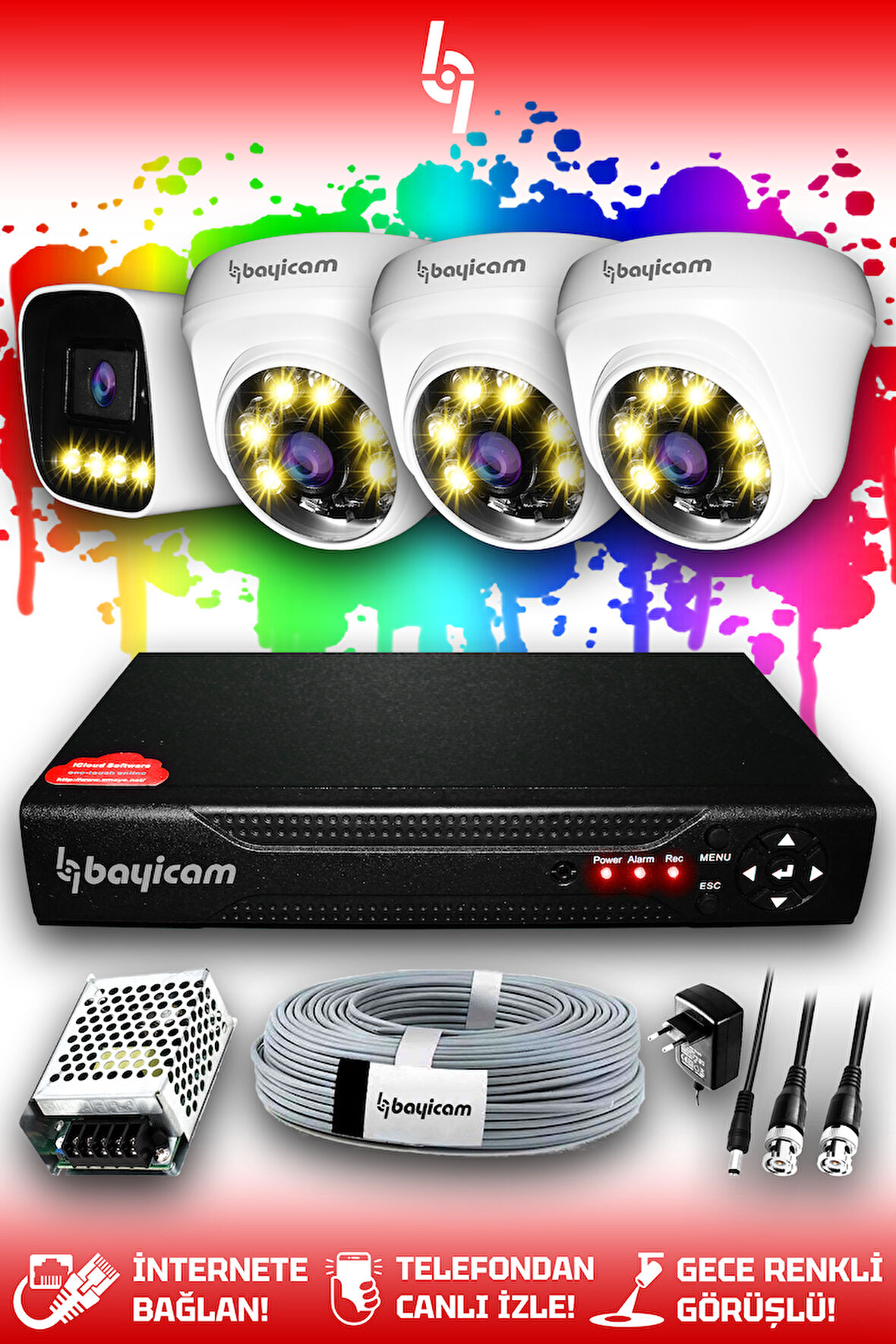 BAYICAM 4 Kameralı Zebra 3 İç Kamera Set HDD'siz Full HD Renkli Gece Görüşlü Güvenlik Kamerası Sistemi
