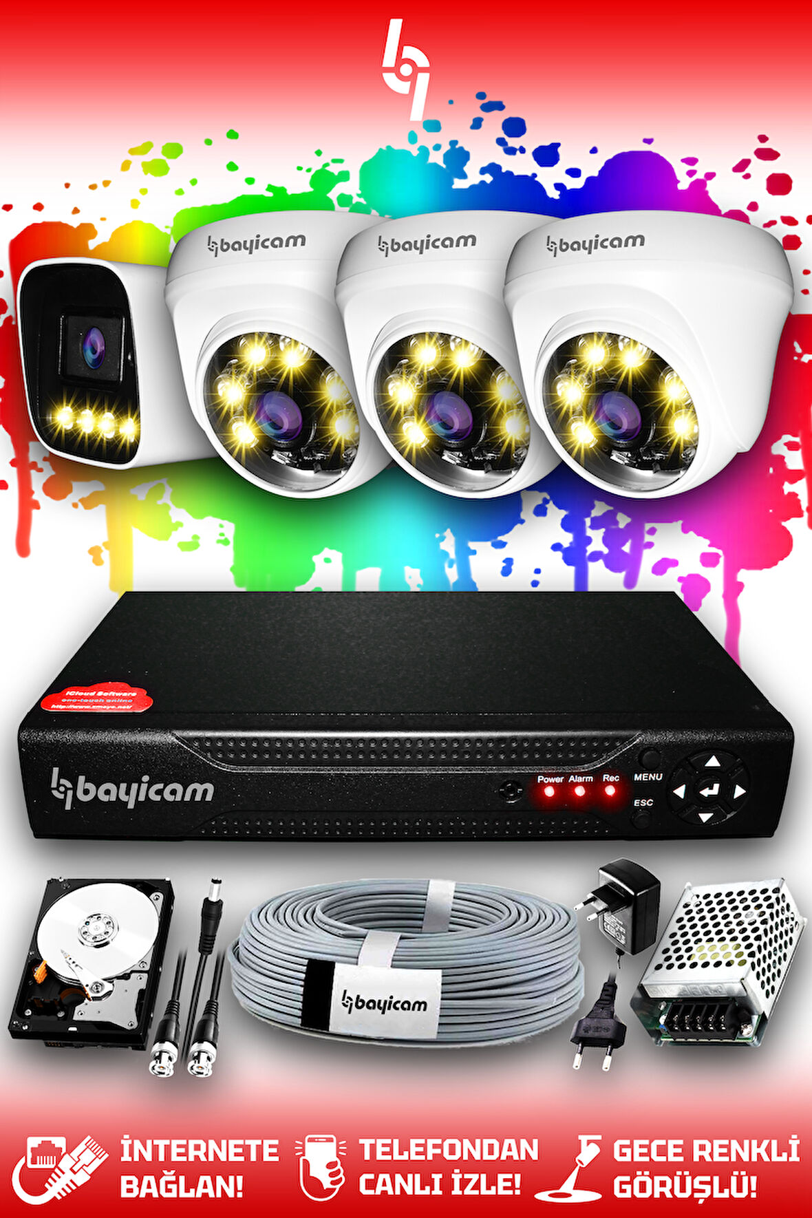 BAYICAM 4 Kameralı Zebra 3 İç Kamera Set 250 GB HDD Full HD Renkli Gece Görüşlü Güvenlik Kamerası Sistemi