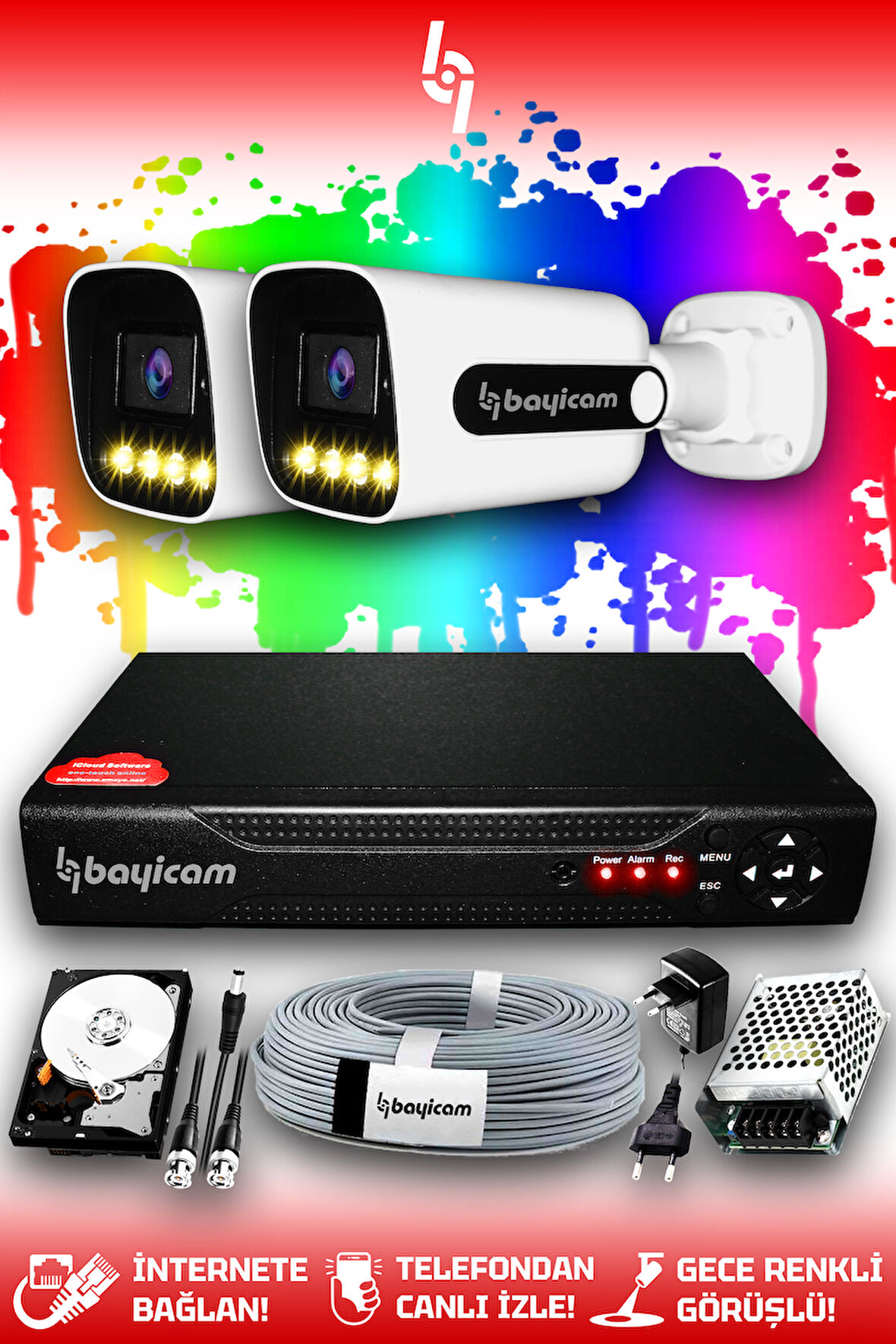 BAYICAM 2 Kameralı Zebra 2 Dış Kamera Set 500 GB HDD Full HD Renkli Gece Görüşlü Güvenlik Kamerası Sistemi