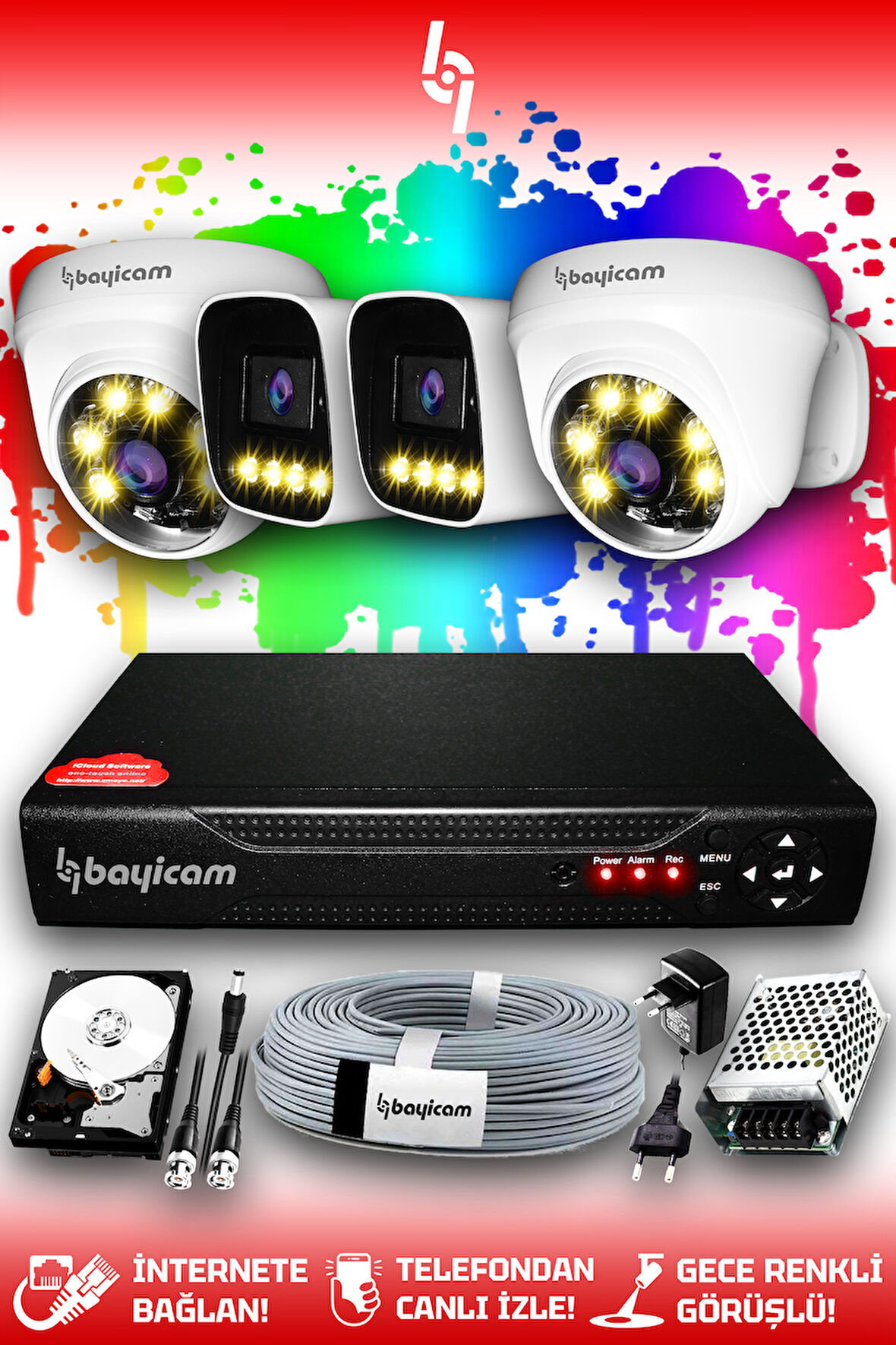 BAYICAM 4 Kameralı Zebra 2 İç Kamera Set 100 GB HDD Full HD Renkli Gece Görüşlü Güvenlik Kamerası Sistemi