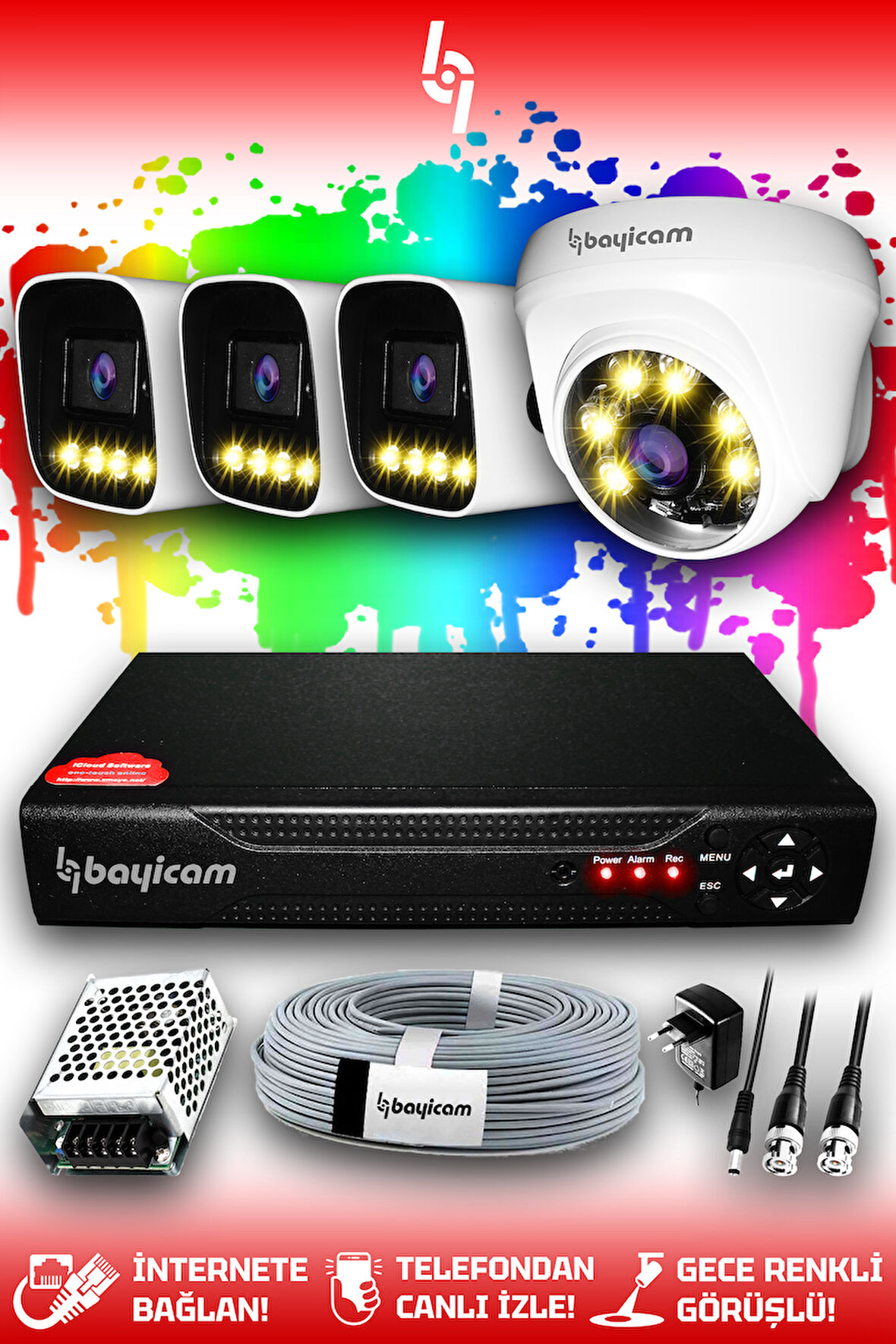BAYICAM 4 Kameralı Zebra 1 İç Kamera Set HDD'siz Full HD Renkli Gece Görüşlü Güvenlik Kamerası Sistemi