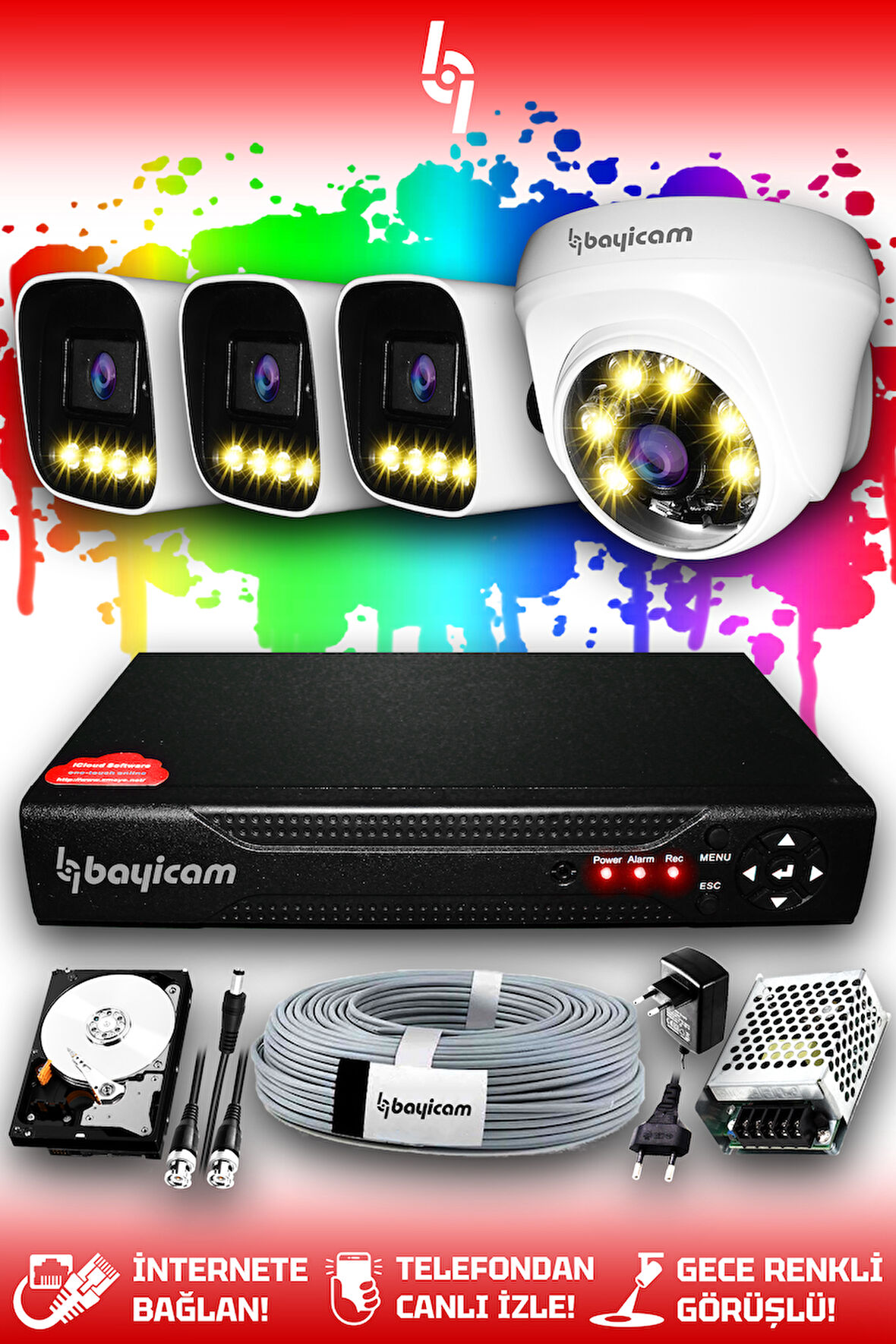 BAYICAM 4 Kameralı Zebra 1 İç Kamera Set 100 GB HDD Full HD Renkli Gece Görüşlü Güvenlik Kamerası Sistemi