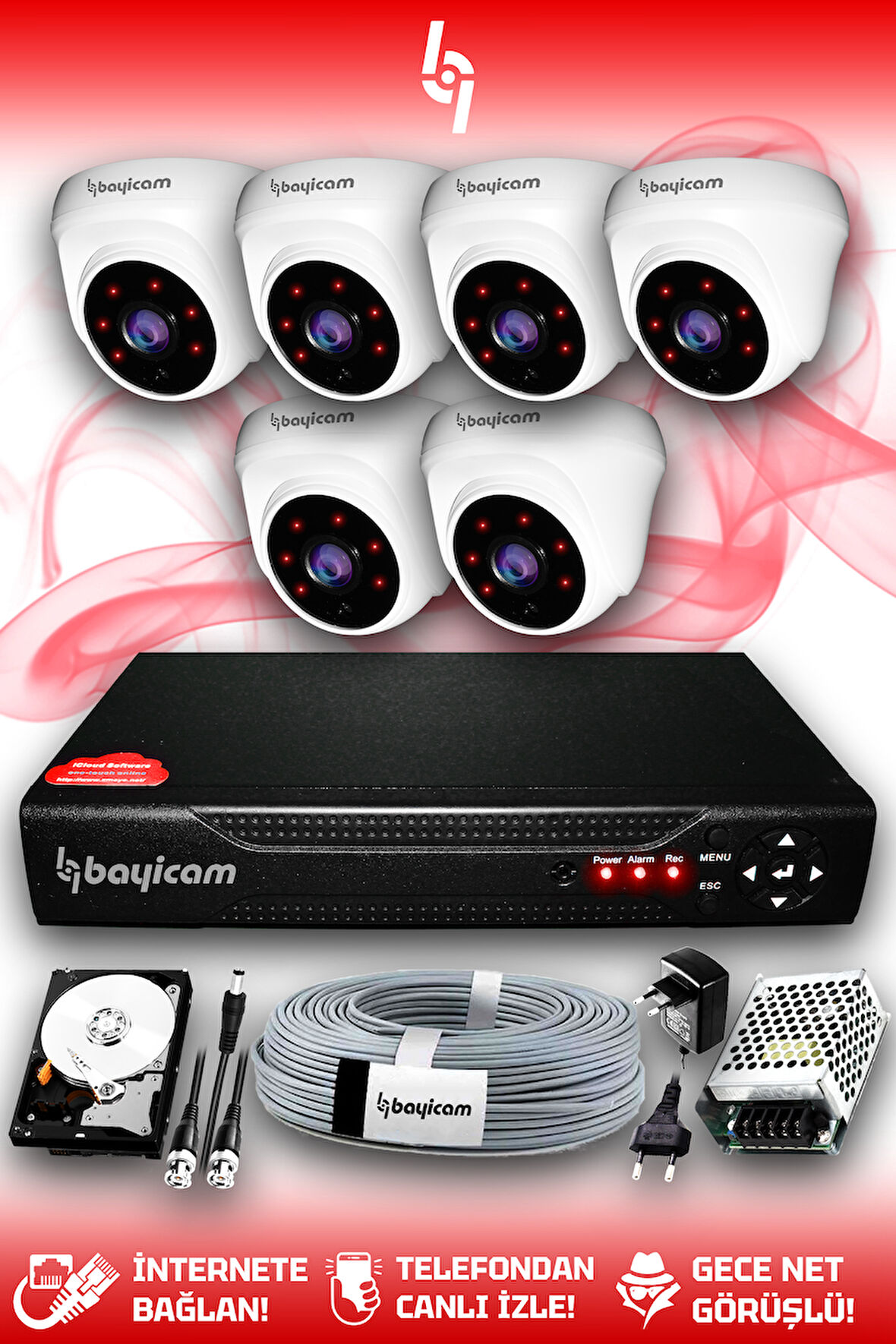 BAYICAM 6 Kameralı Dome 6 İç Kamera Set 1 TB HDD Full HD Gece Görüşlü Güvenlik Kamerası Sistemi