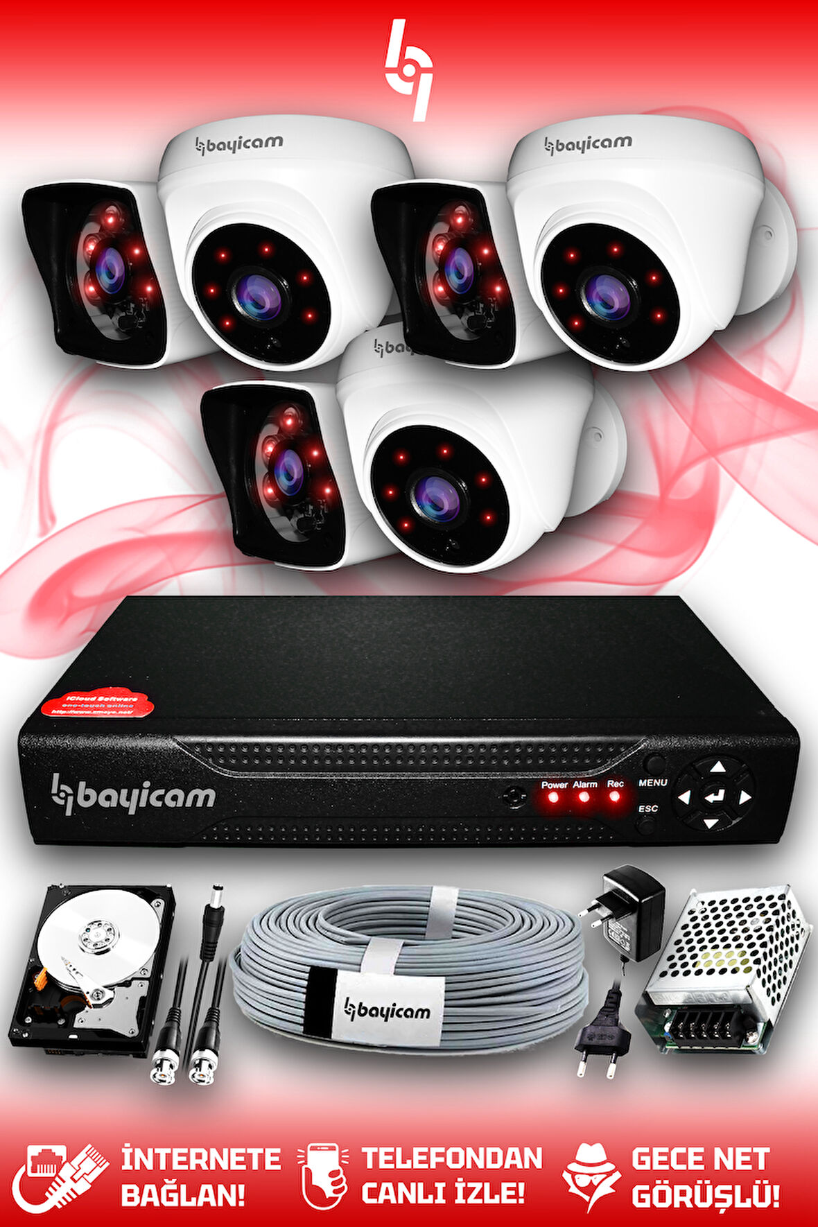 BAYICAM 6 Kameralı Kare 3 İç Kamera Set 1 TB HDD Full HD Gece Görüşlü Güvenlik Kamerası Sistemi