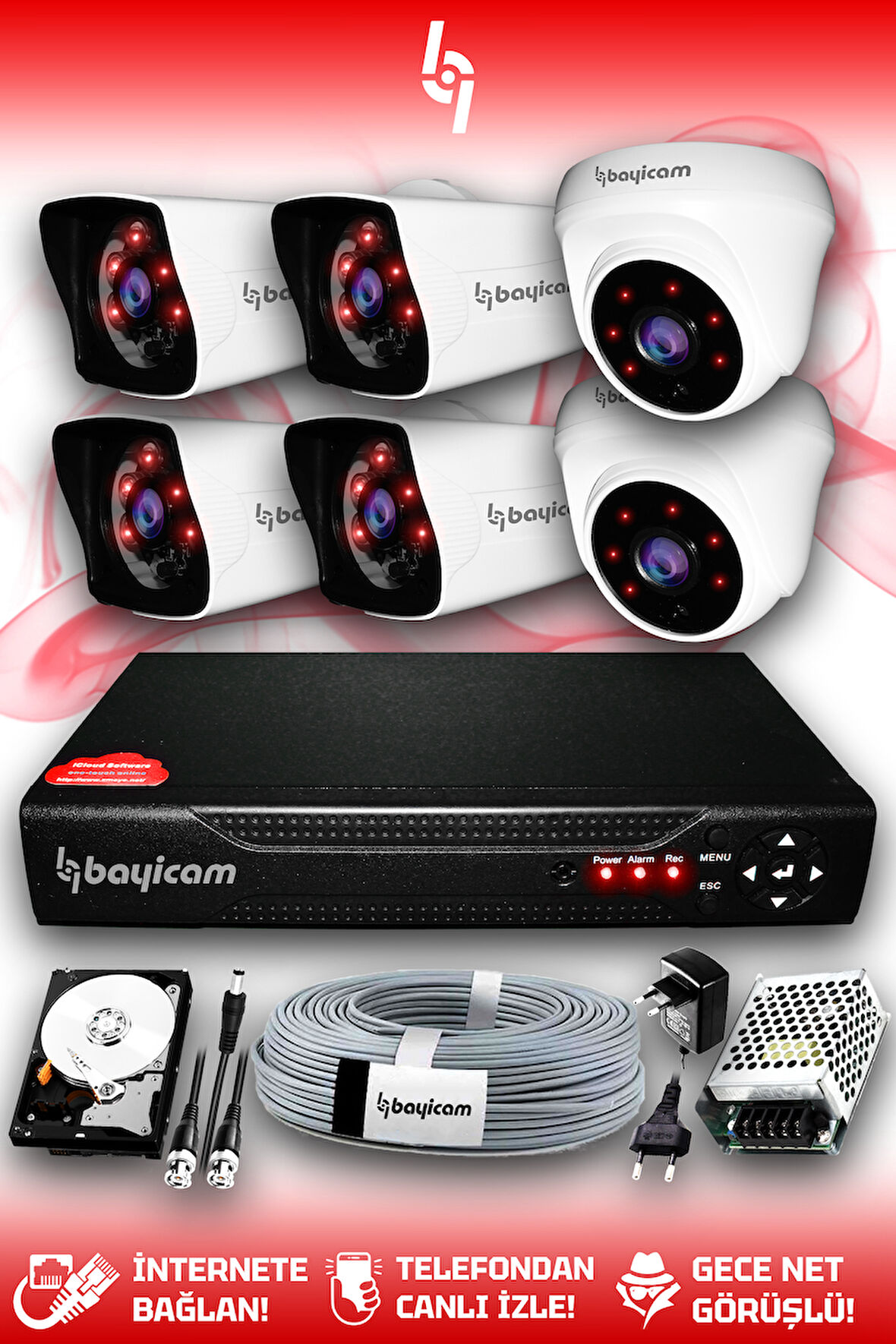 BAYICAM 6 Kameralı Kare 2 İç Kamera Set 500 GB HDD Full HD Gece Görüşlü Güvenlik Kamerası Sistemi