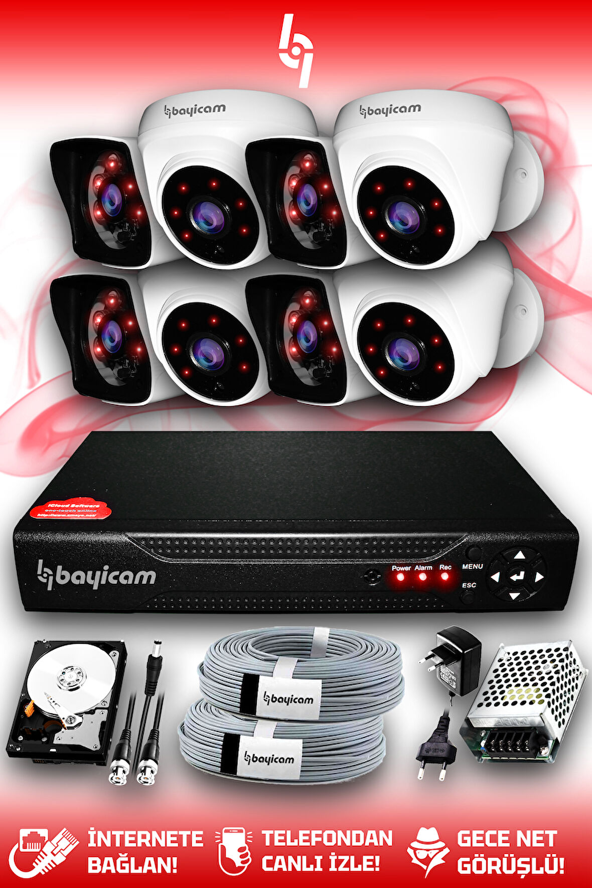 BAYICAM 8 Kameralı Kare 4 İç Kamera Set 100 GB HDD Full HD Gece Görüşlü Güvenlik Kamerası Sistemi