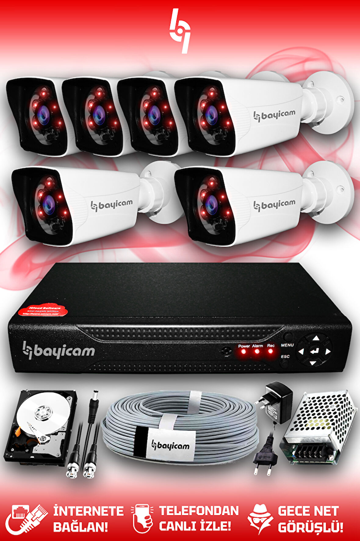 BAYICAM 6 Kameralı Kare 6 Dış Kamera Set 500 GB HDD Full HD Gece Görüşlü Güvenlik Kamerası Sistemi