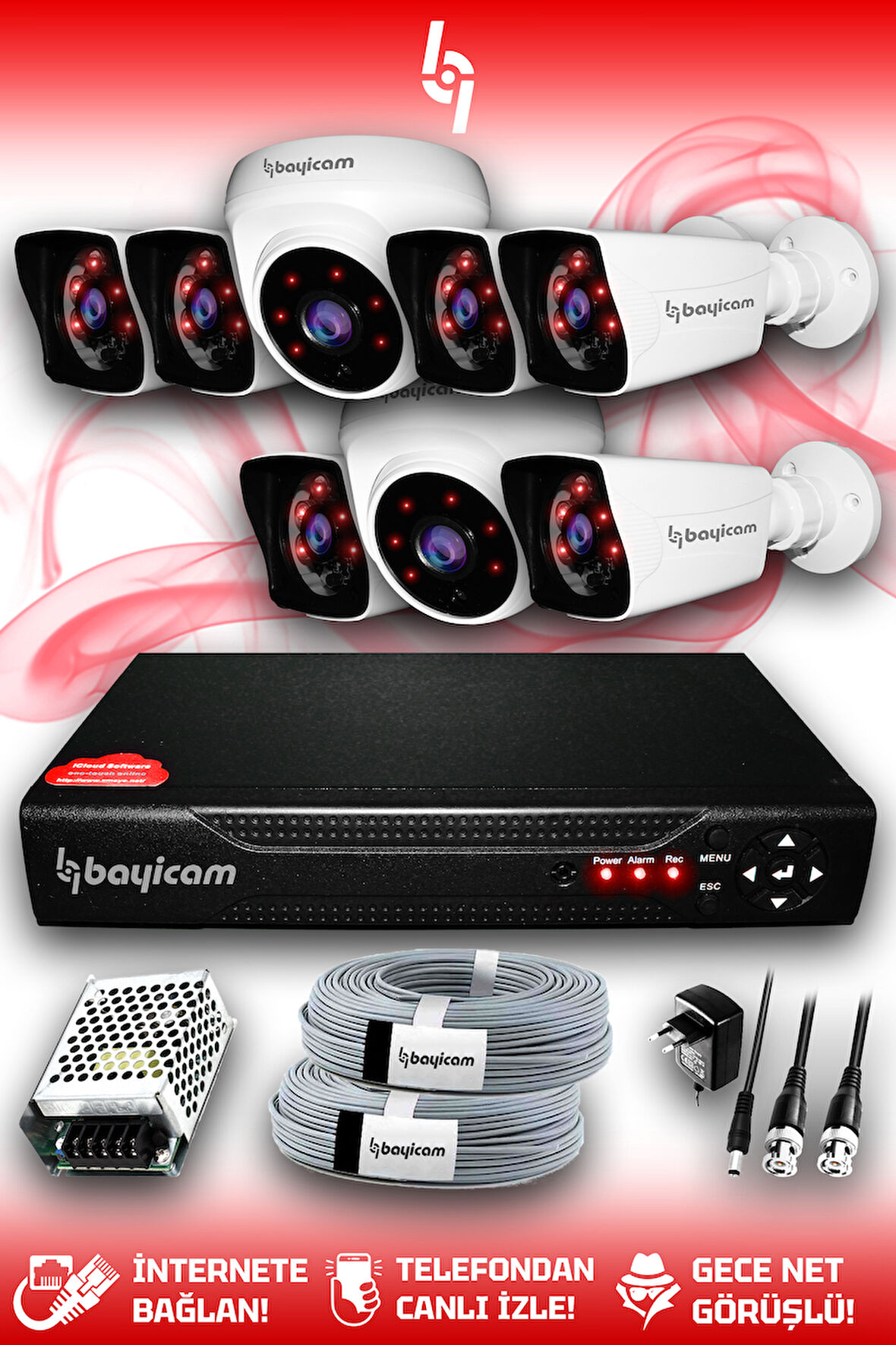BAYICAM 8 Kameralı Kare 2 İç Kamera Set HDD'siz Full HD Gece Görüşlü Güvenlik Kamerası Sistemi