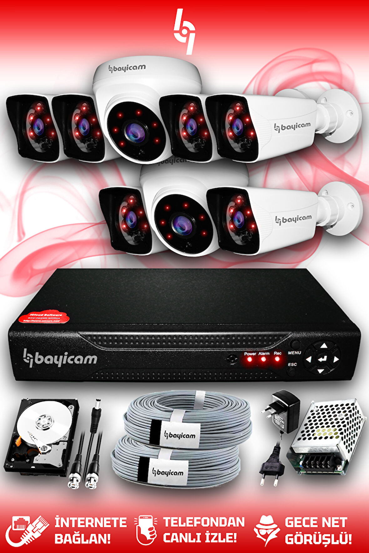 BAYICAM 8 Kameralı Kare 2 İç Kamera Set 1 TB HDD Full HD Gece Görüşlü Güvenlik Kamerası Sistemi