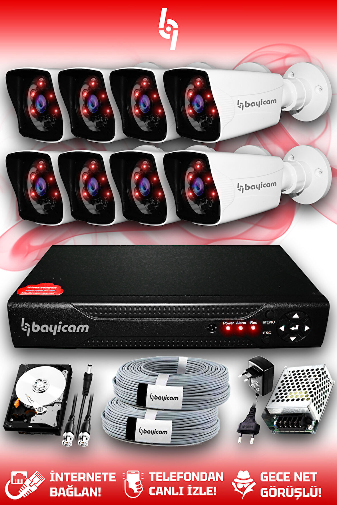 BAYICAM 8 Kameralı Kare 8 Dış Kamera Set 320 GB HDD Full HD Gece Görüşlü Güvenlik Kamerası Sistemi