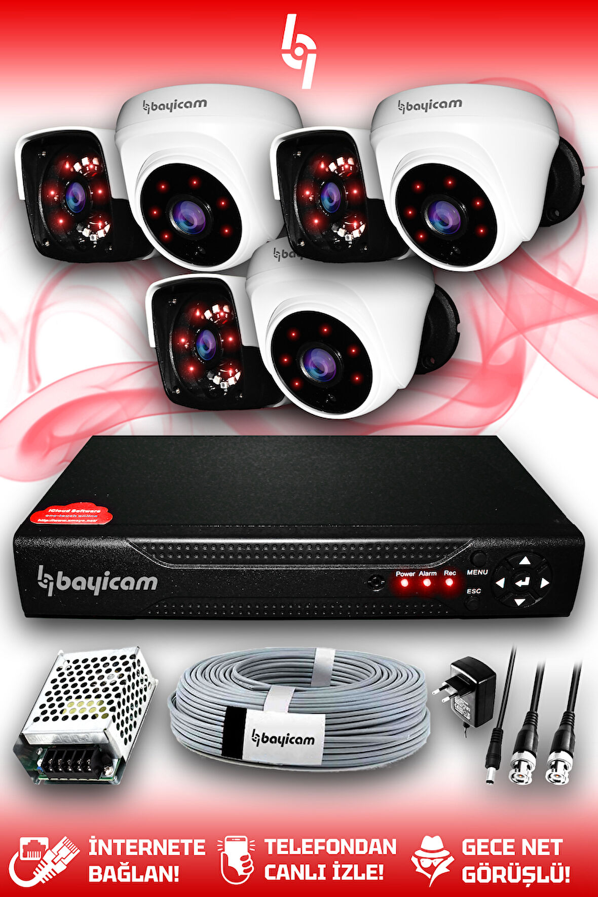 BAYICAM 6 Kameralı Panda 3 İç Kamera Set HDD'siz Full HD Gece Görüşlü Güvenlik Kamerası Sistemi