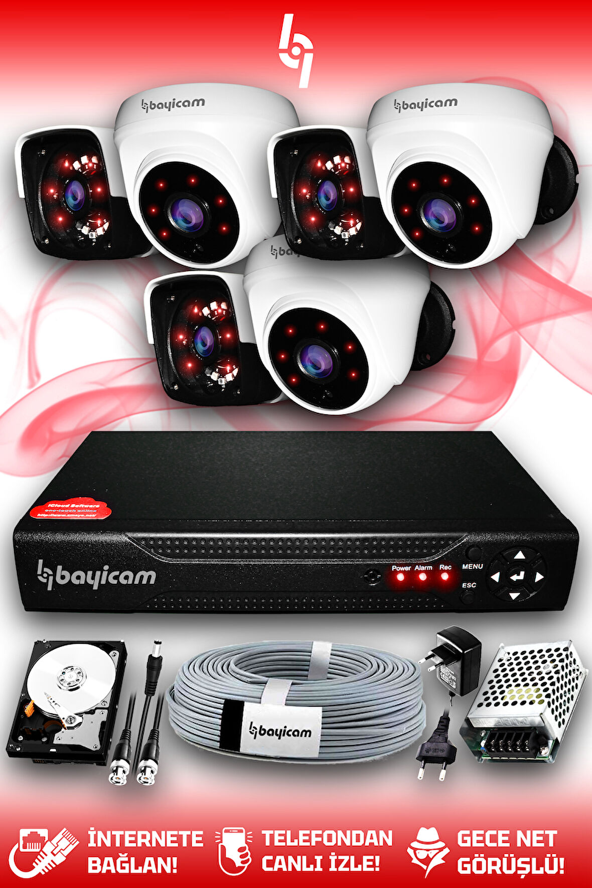 BAYICAM 6 Kameralı Panda 3 İç Kamera Set 250 GB HDD Full HD Gece Görüşlü Güvenlik Kamerası Sistemi