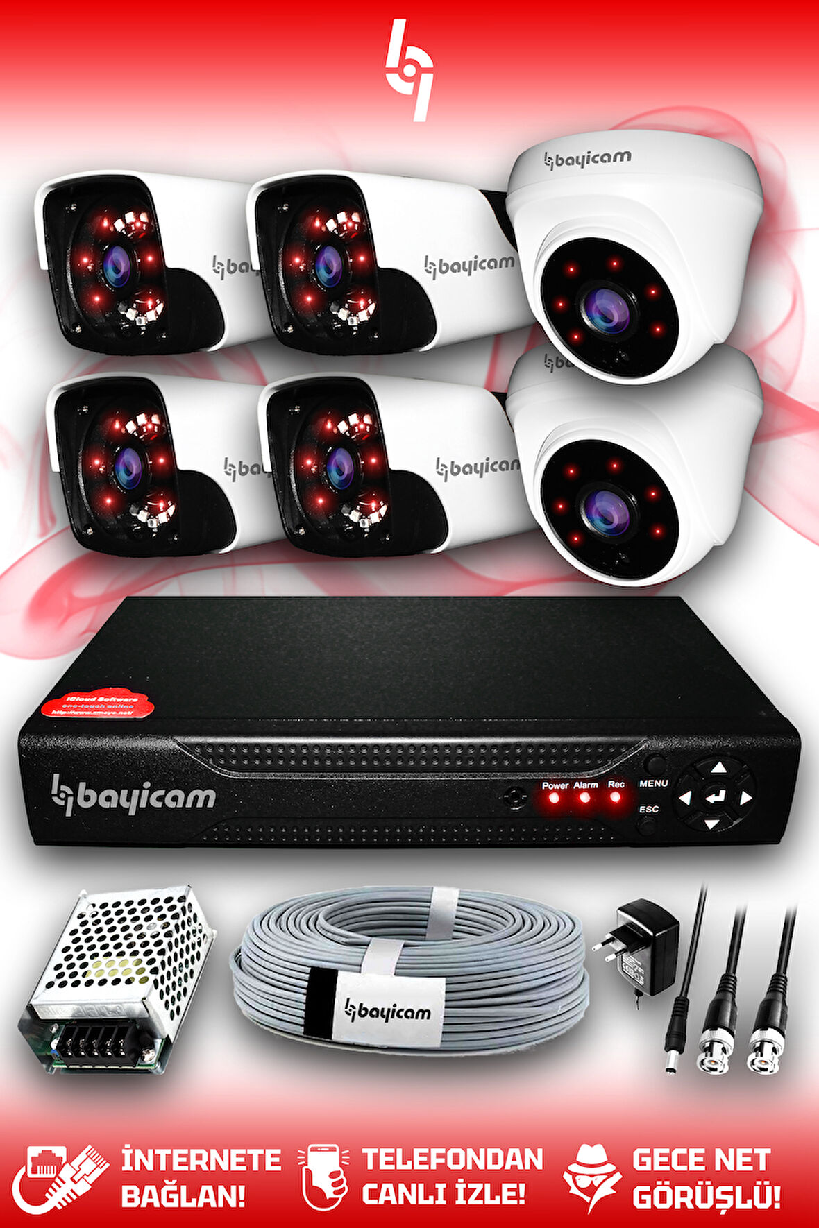 BAYICAM 6 Kameralı Panda 2 İç Kamera Set HDD'siz Full HD Gece Görüşlü Güvenlik Kamerası Sistemi