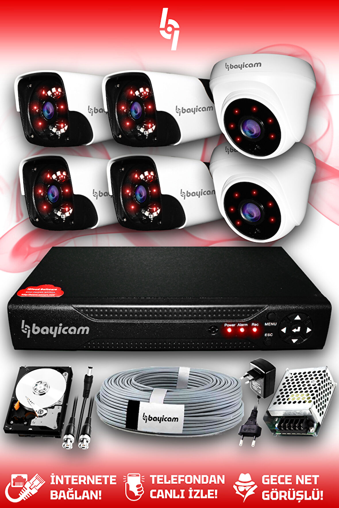 BAYICAM 6 Kameralı Panda 2 İç Kamera Set 100 GB HDD Full HD Gece Görüşlü Güvenlik Kamerası Sistemi